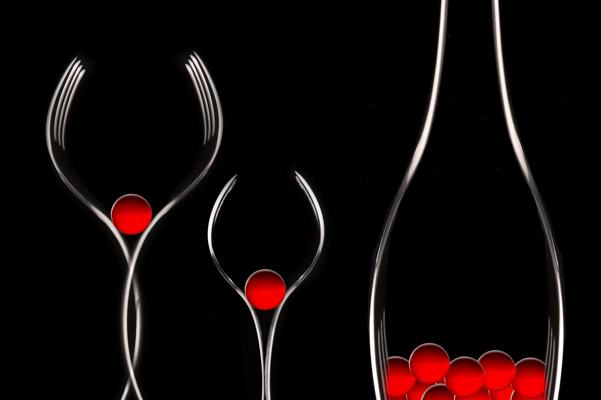Abstract composition with forks and red balls HD Wallpaper
