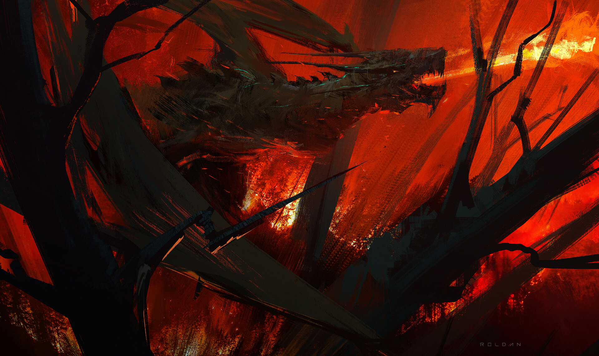 Dragon breathing fire amidst dark trees HD Wallpaper