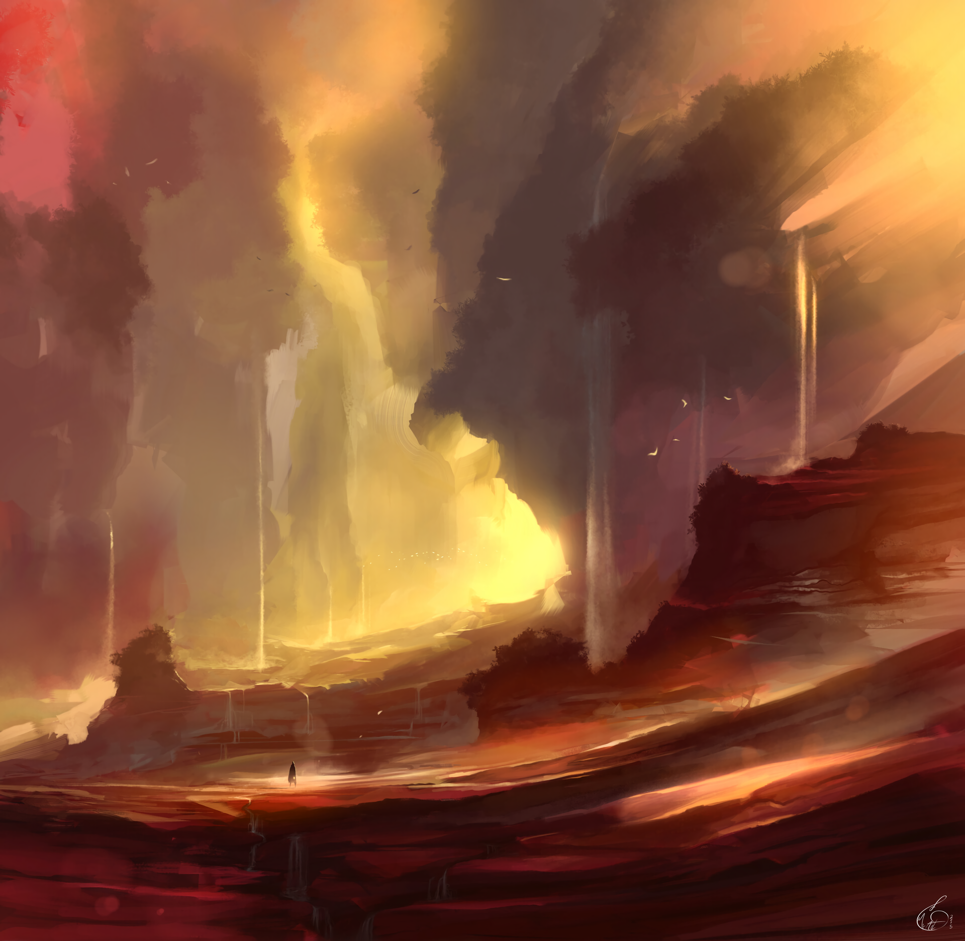 Digital painting of a surreal landscape with waterfalls HD Wallpaper