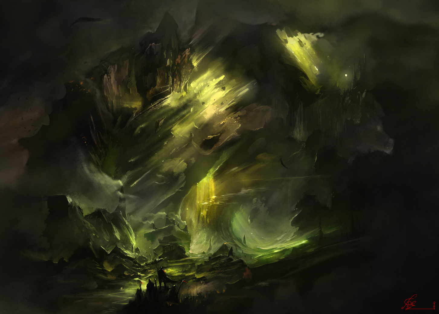 Digital painting of a fantastical, dark landscape with glowing green light HD Wallpaper