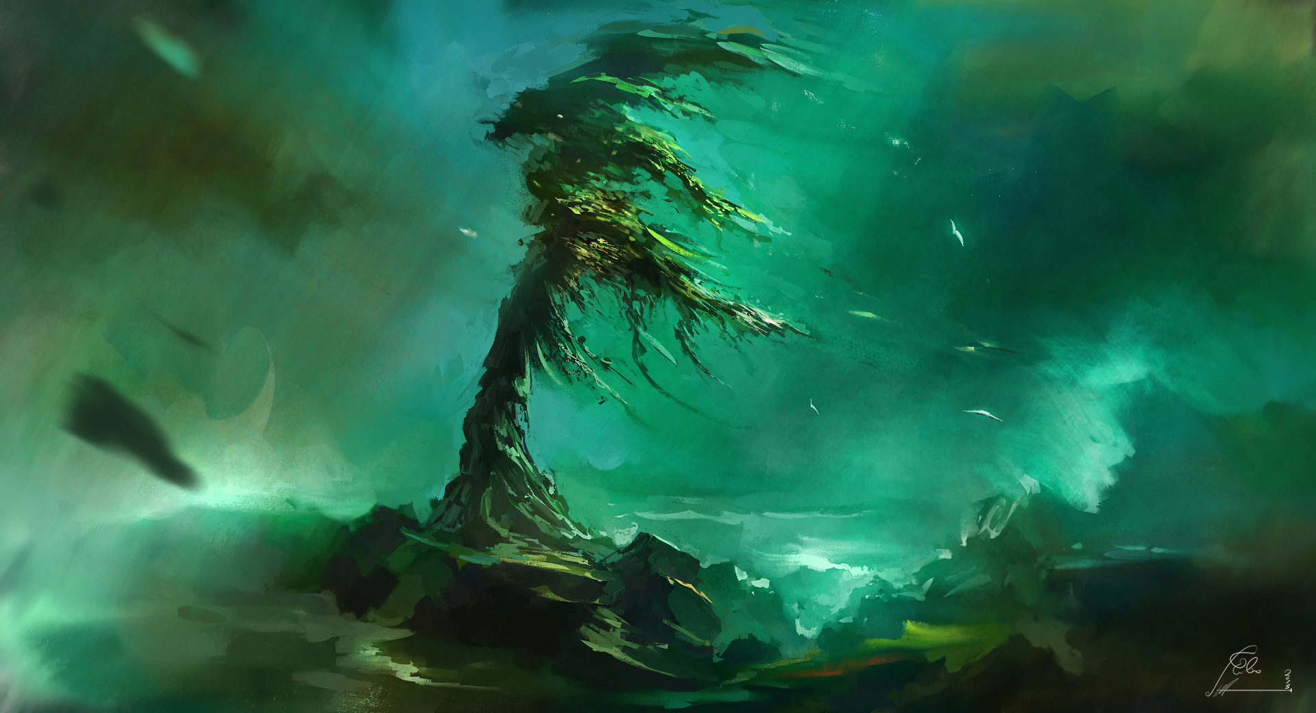 Digital painting of a gnarled tree in a stormy, green landscape HD Wallpaper