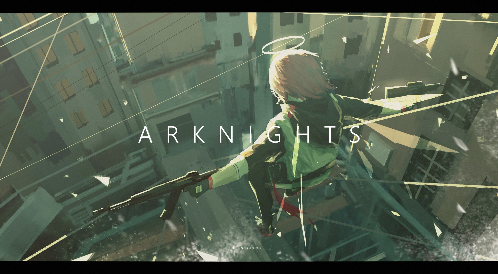 Exusiai from Arknights with AK-47 in a city HD Wallpaper