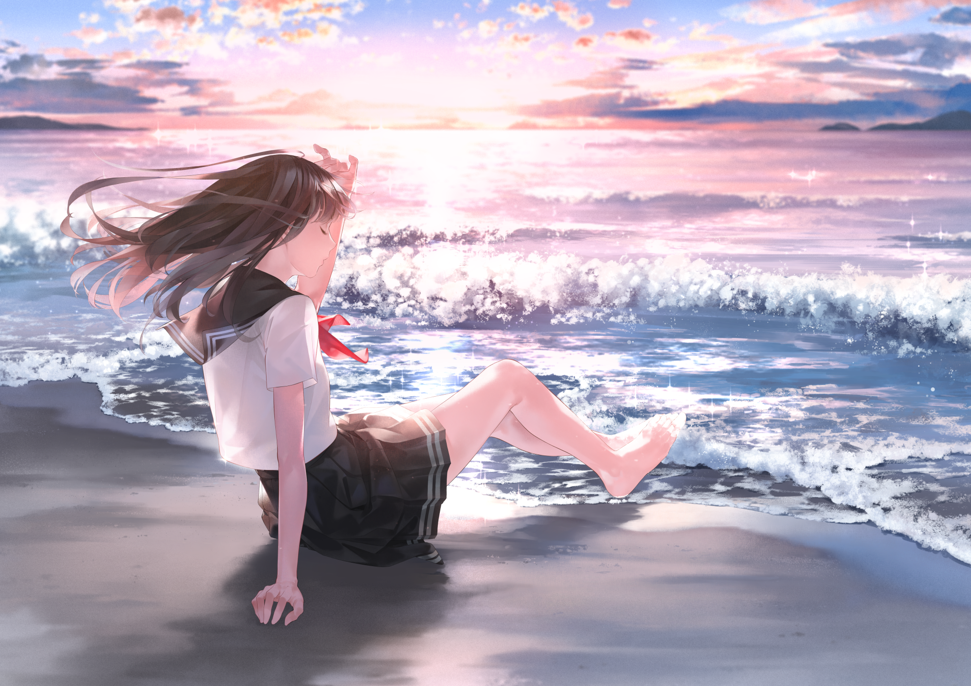 Anime schoolgirl sitting on a beach at sunset HD Wallpaper