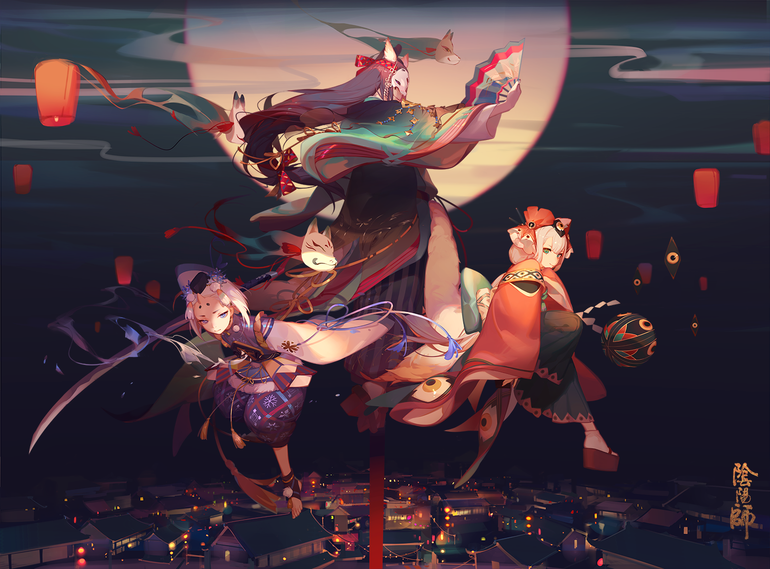 Anime girls with fox masks and lanterns over a town HD Wallpaper