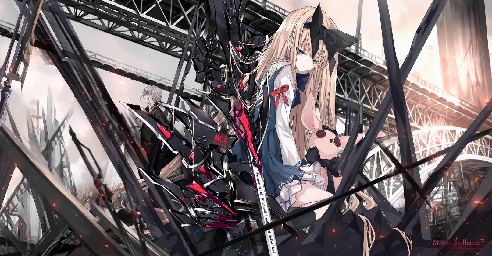 Anime girl with mechanical armor and plush toy HD Wallpaper