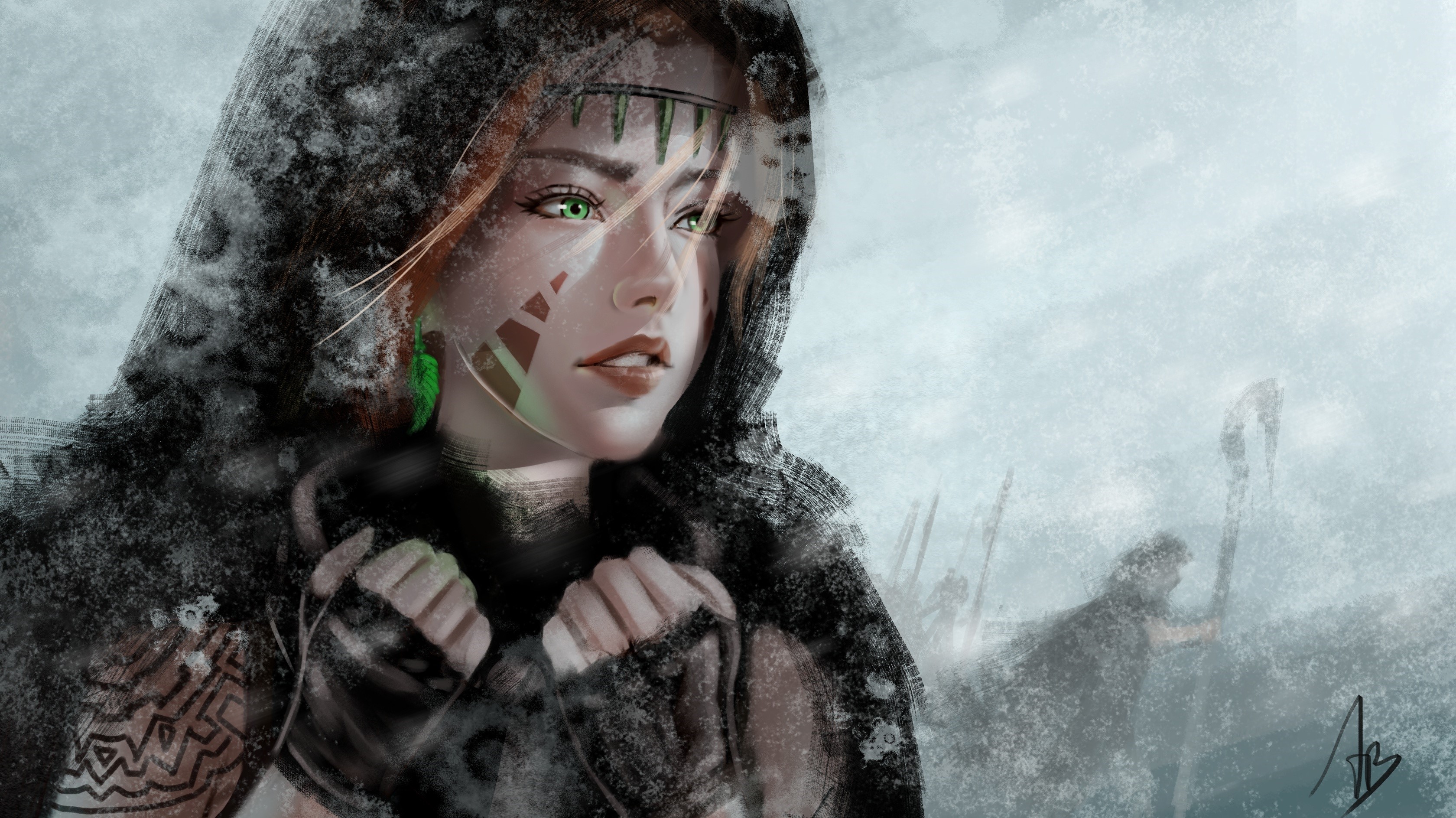 Woman in a snowstorm with tribal markings HD Wallpaper