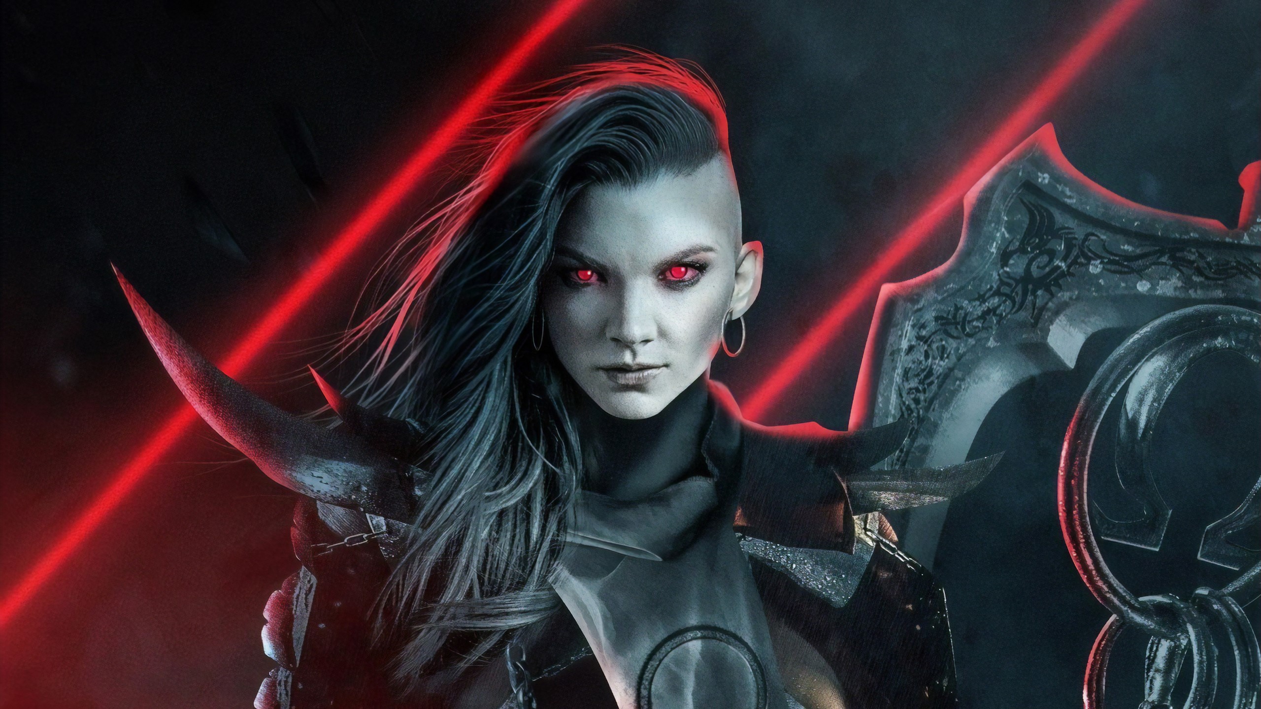 Natalie Dormer as a dark character with red eyes and neon lights HD Wallpaper