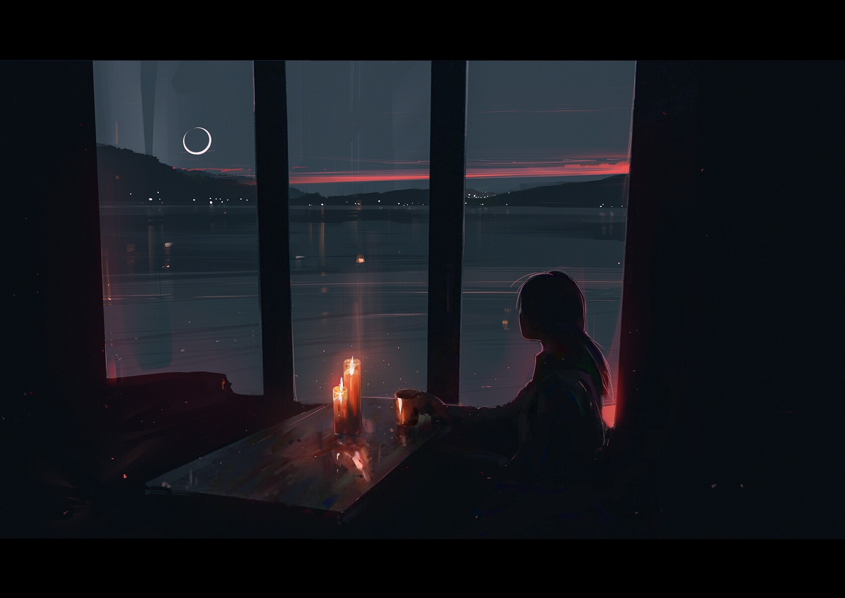Woman with mug and candles by the window at night HD Wallpaper