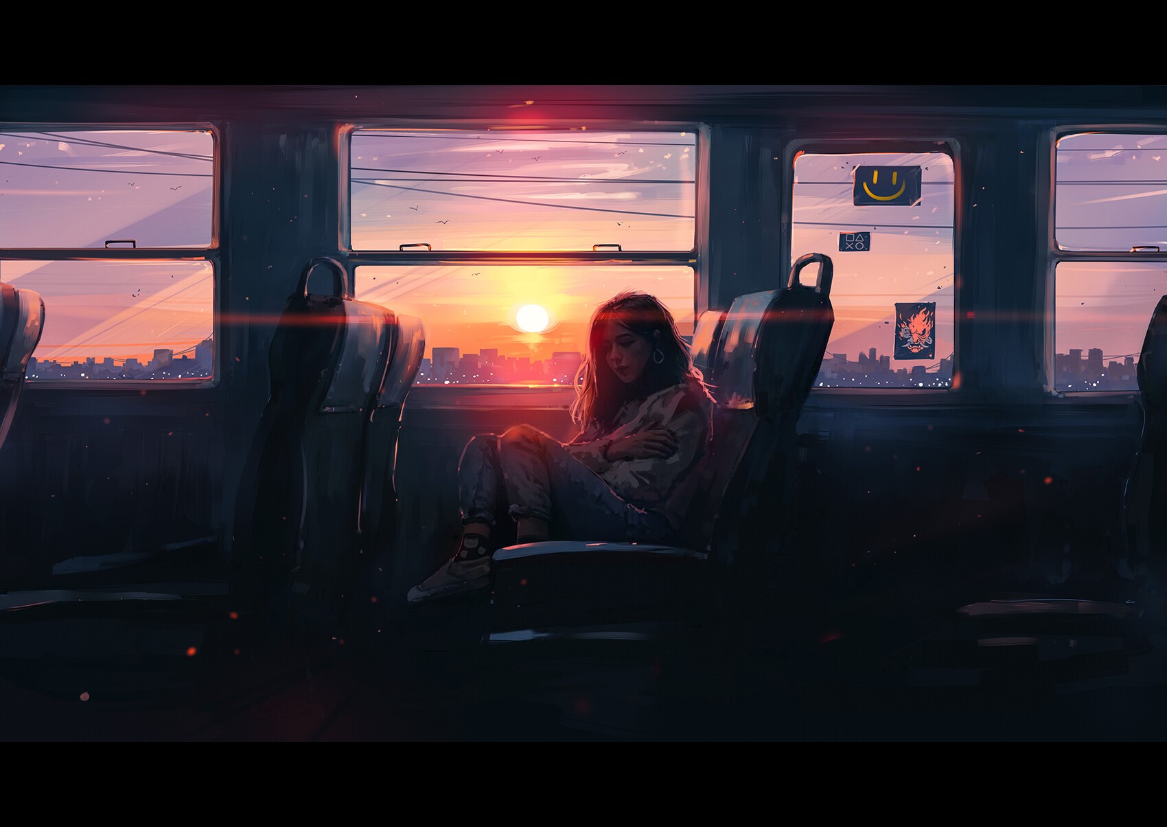Woman on a train during sunset cityscape HD Wallpaper
