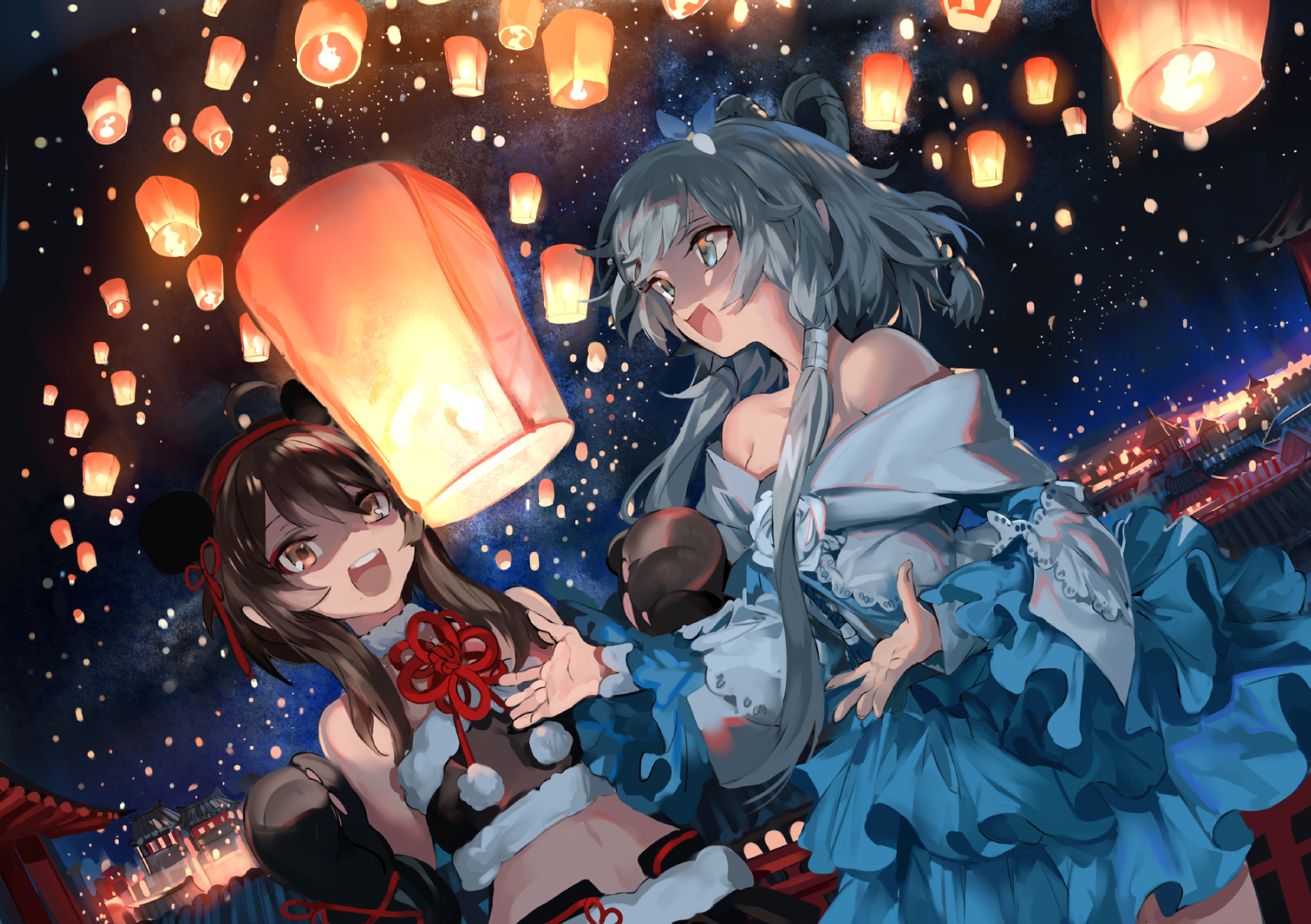 Anime girls releasing sky lanterns at night festival HD Wallpaper