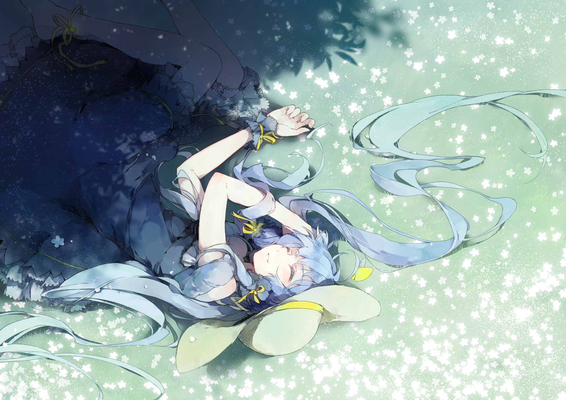 Anime girl with blue hair lying on grass with flowers HD Wallpaper