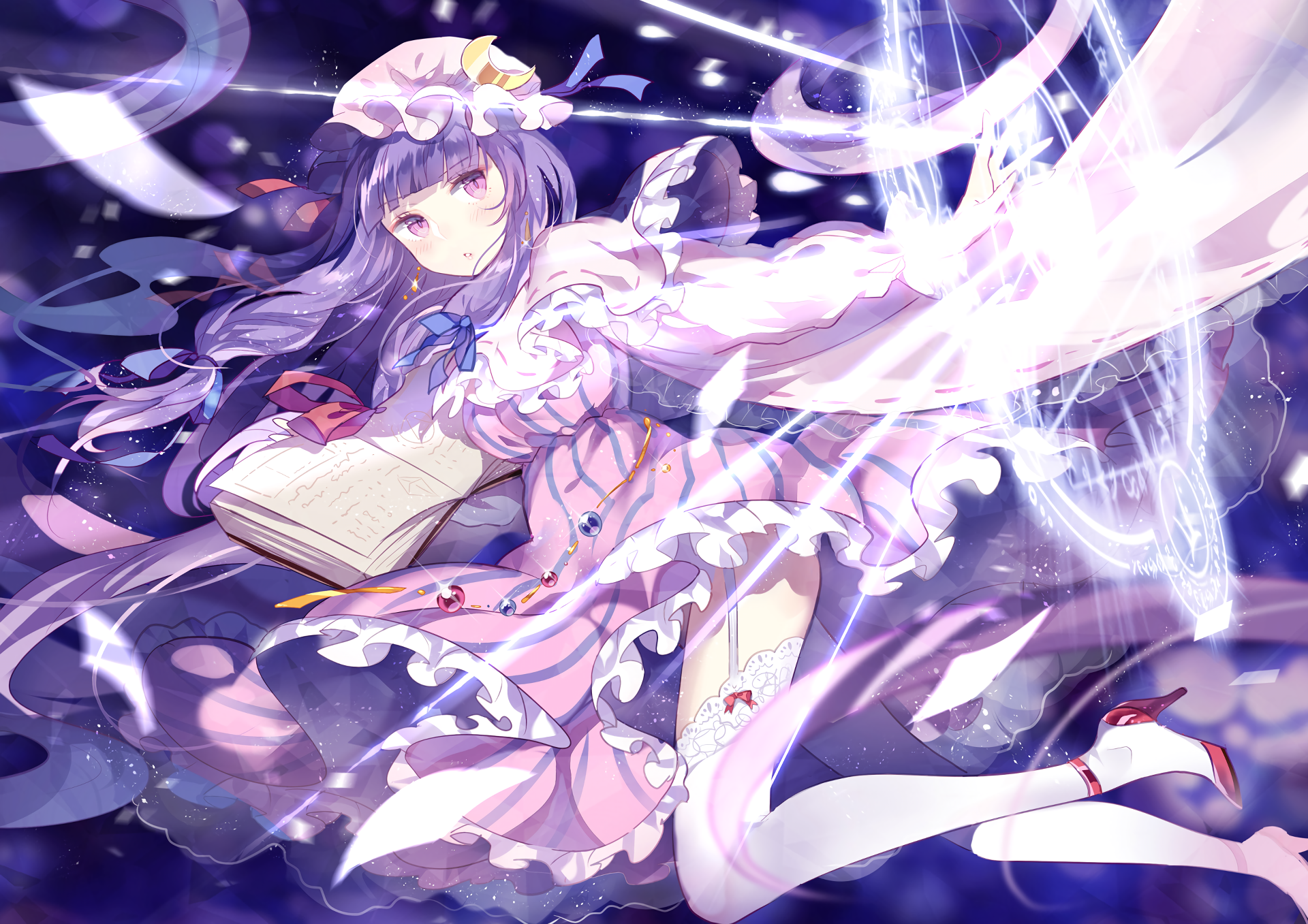 Anime girl with purple hair reading a book HD Wallpaper