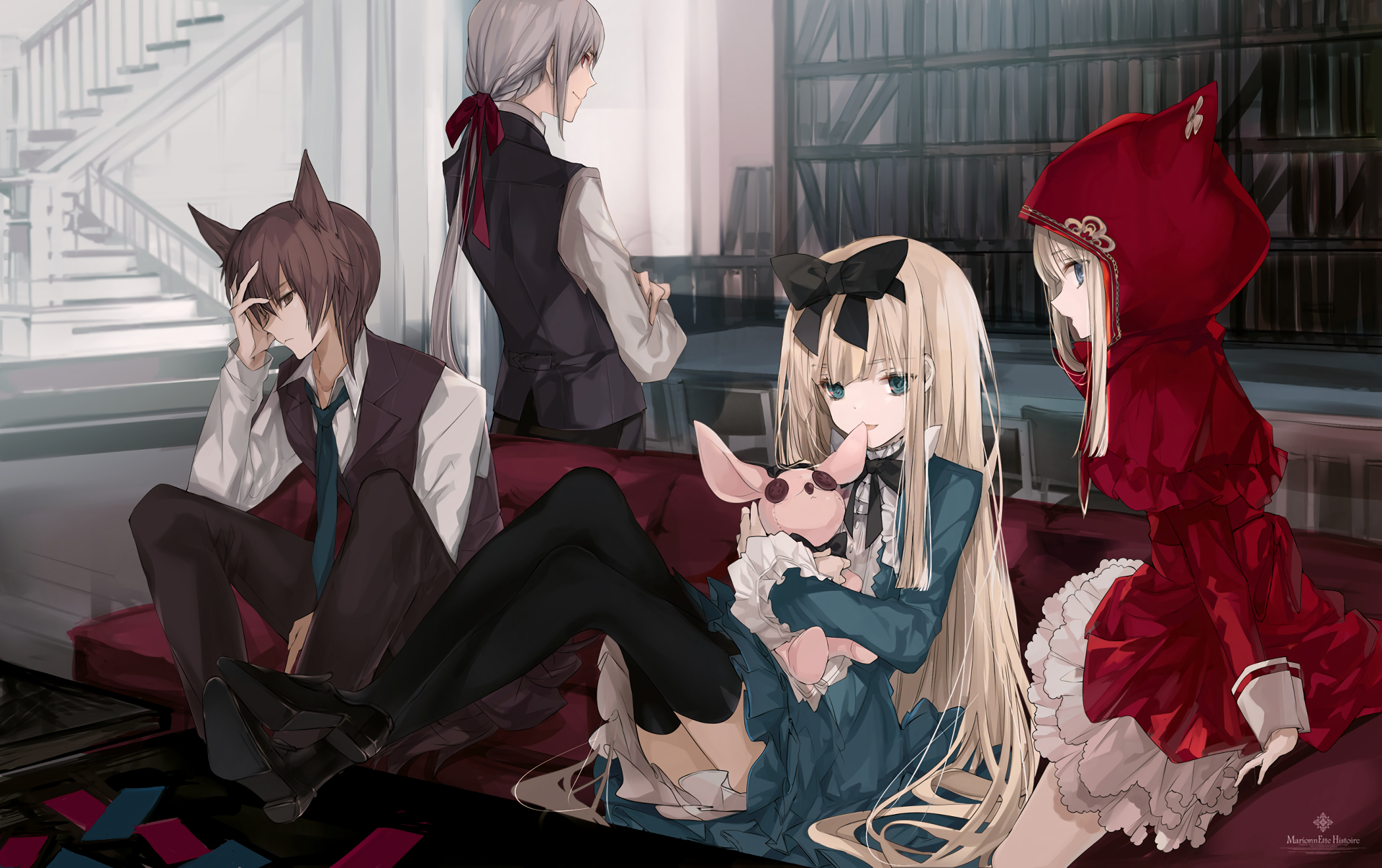 Anime characters in a room with bookshelves HD Wallpaper
