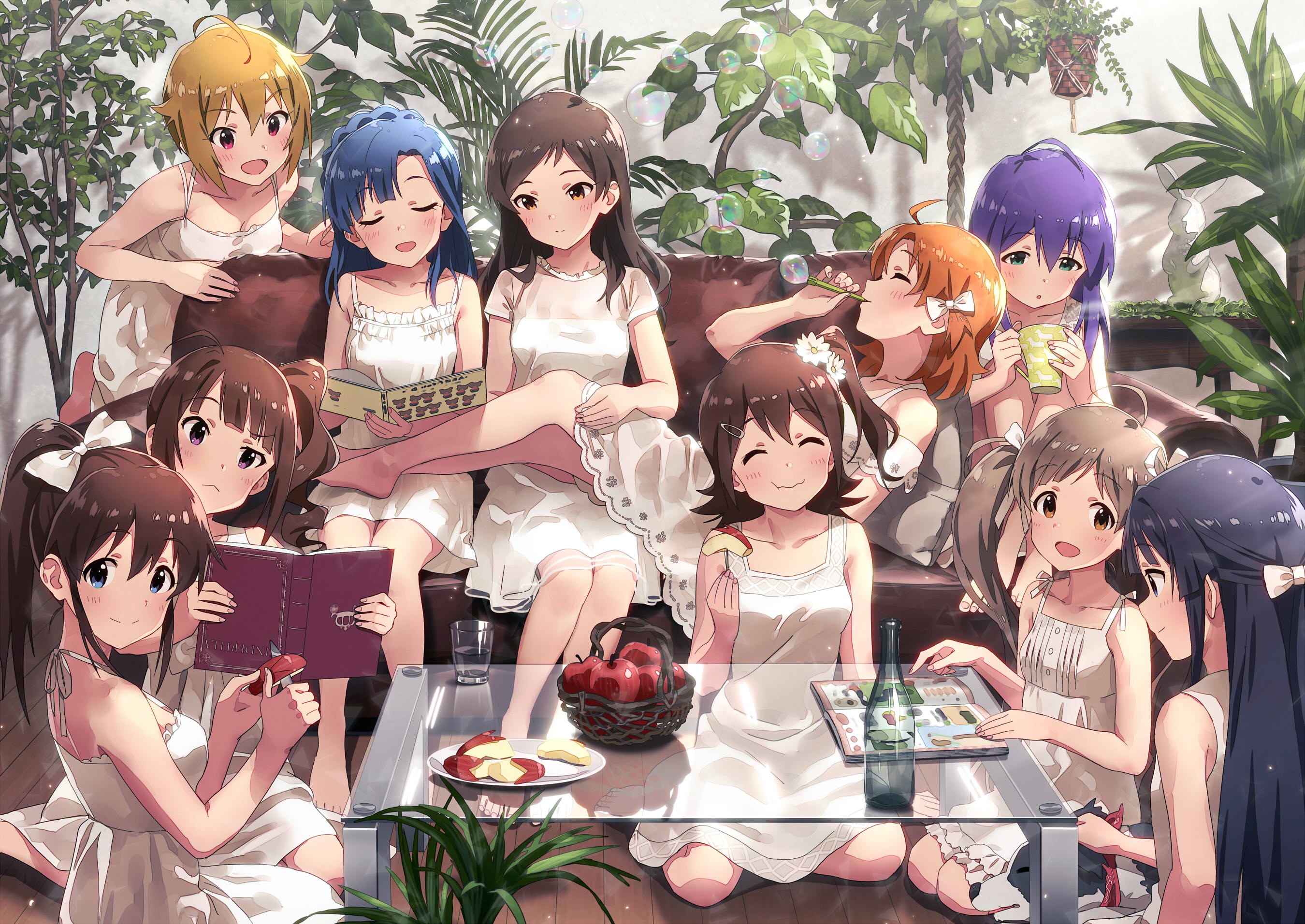 Anime girls in white dresses relaxing indoors HD Wallpaper
