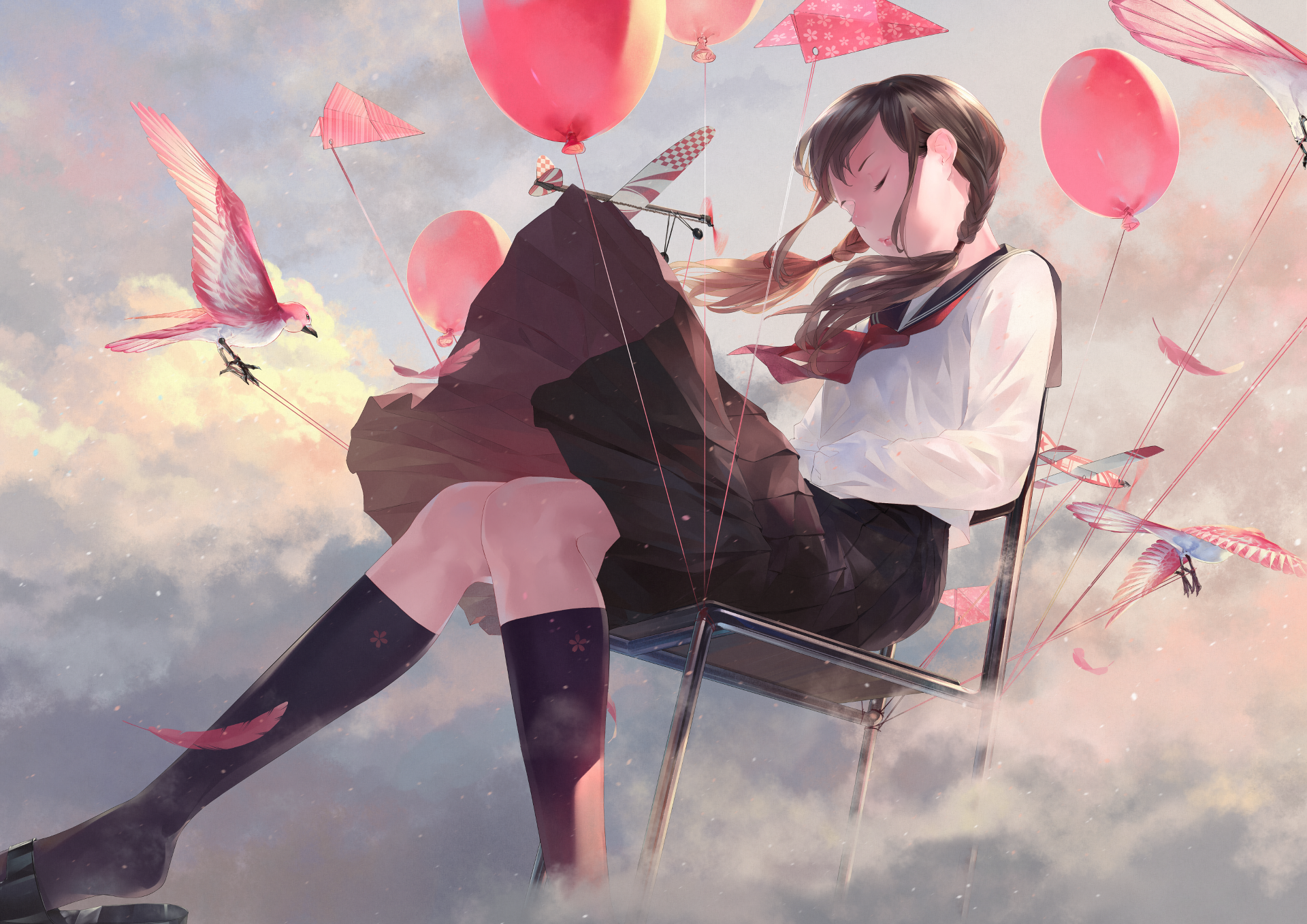 Anime girl in school uniform with balloons and birds HD Wallpaper