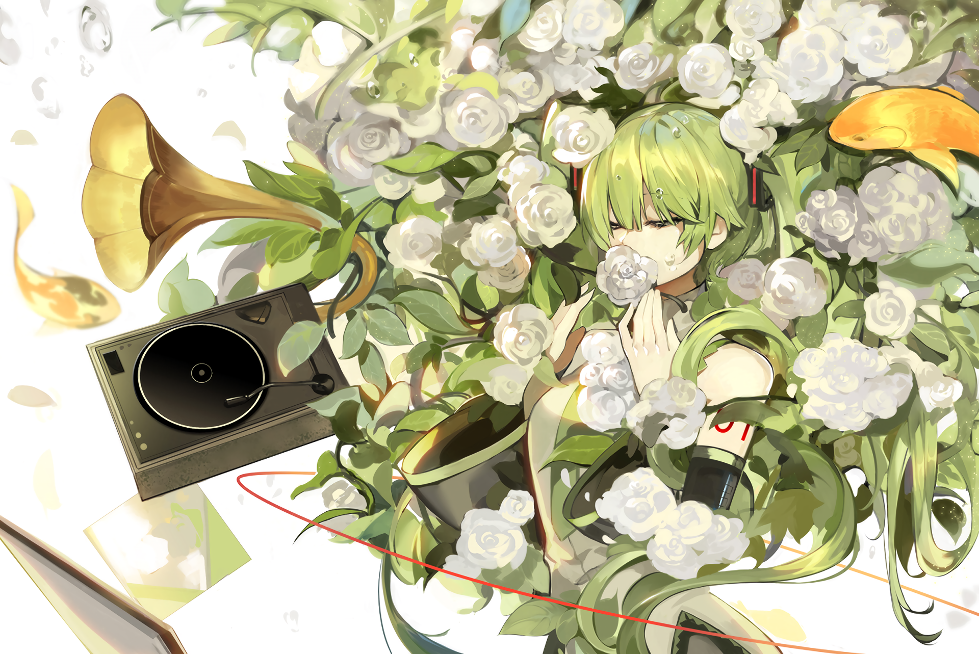 Hatsune Miku surrounded by white roses and greenery HD Wallpaper