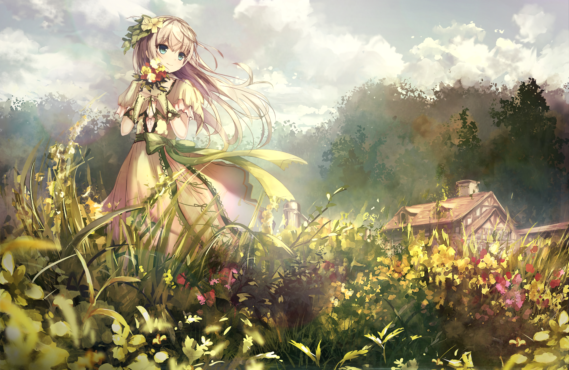 Anime girl with flowers in a field near a house HD Wallpaper