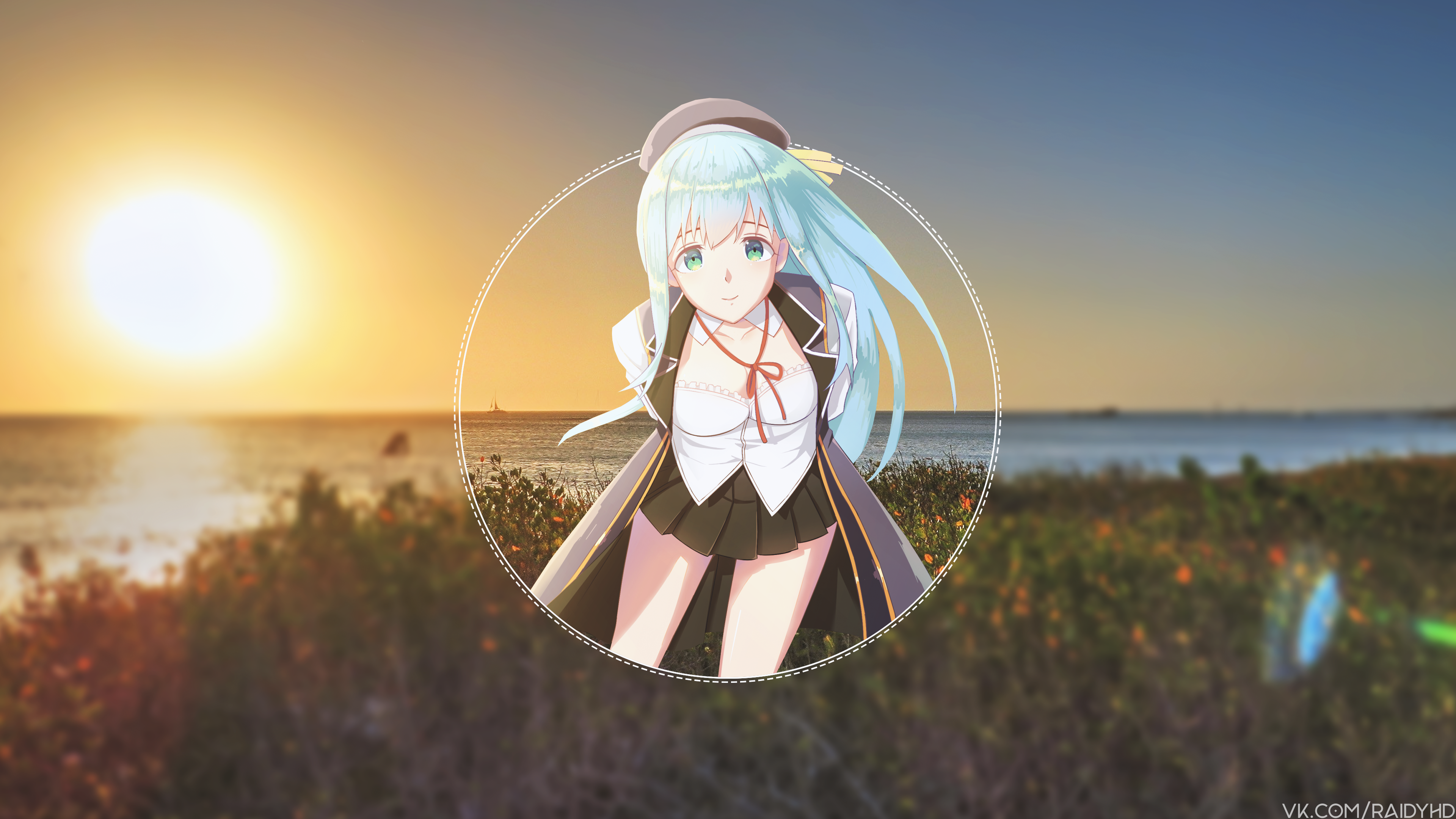Anime girl with blue hair at sunset HD Wallpaper