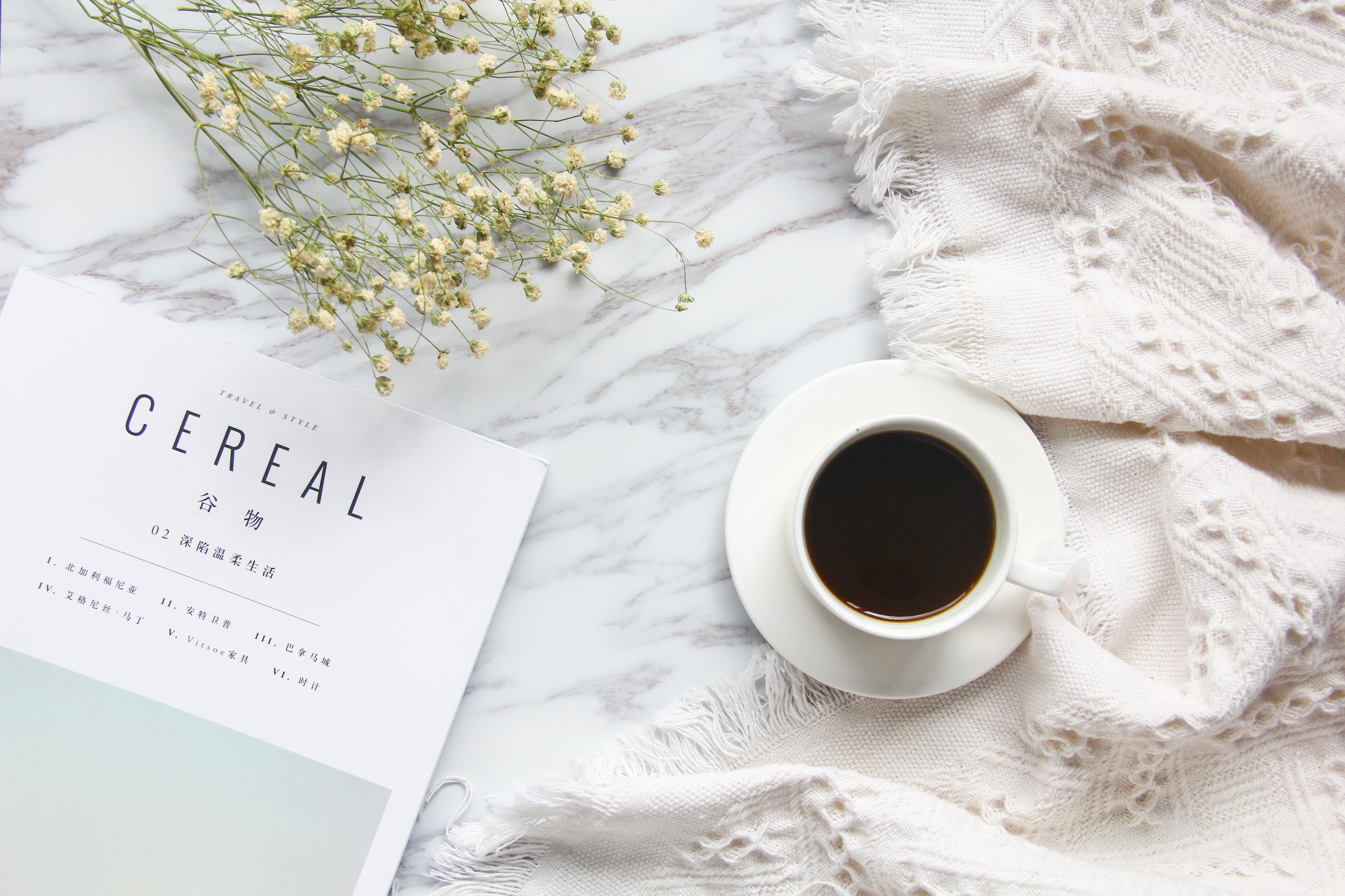 Coffee cup and magazine on marble HD Wallpaper