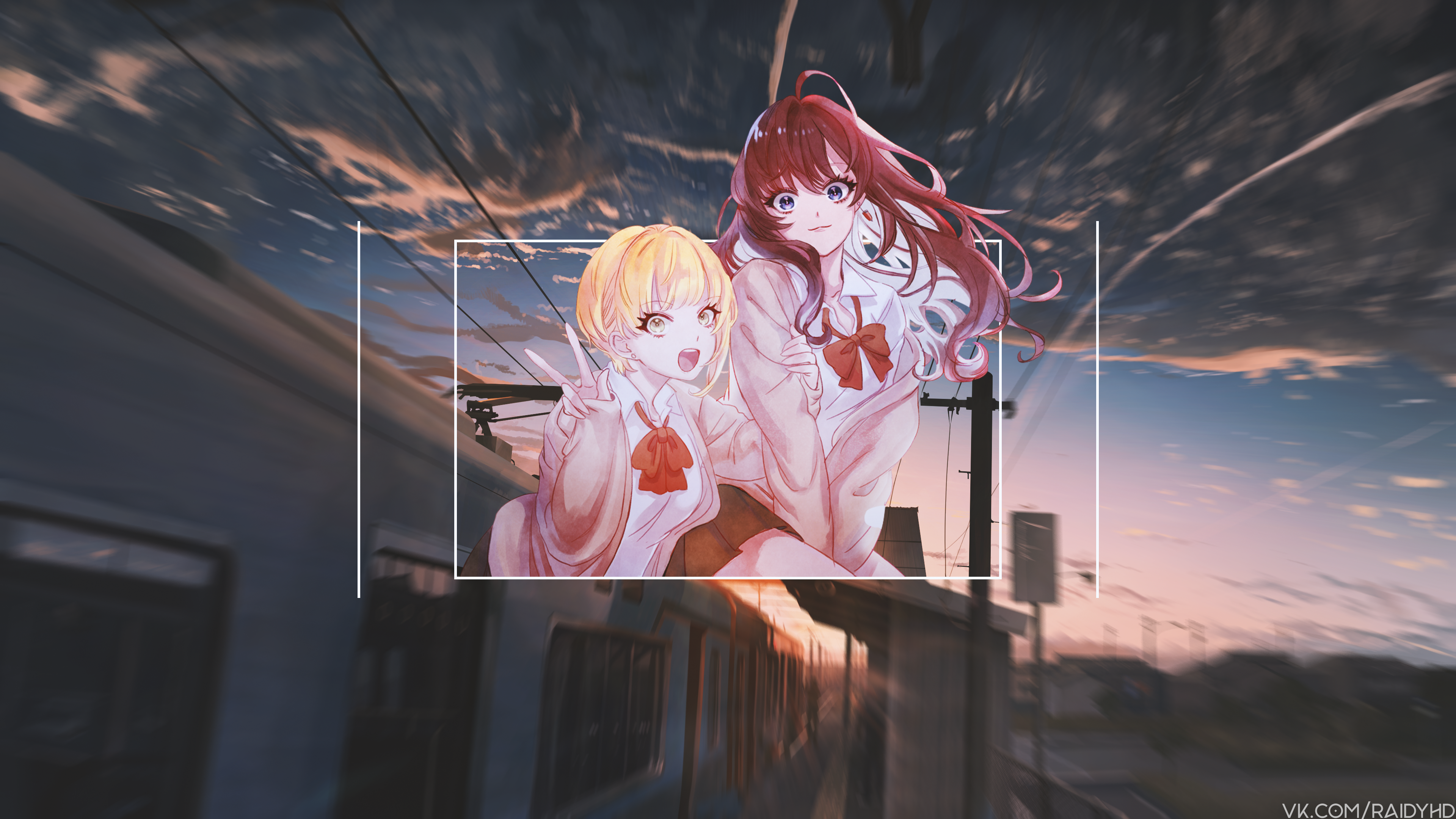 Anime girls on a train at sunset HD Wallpaper