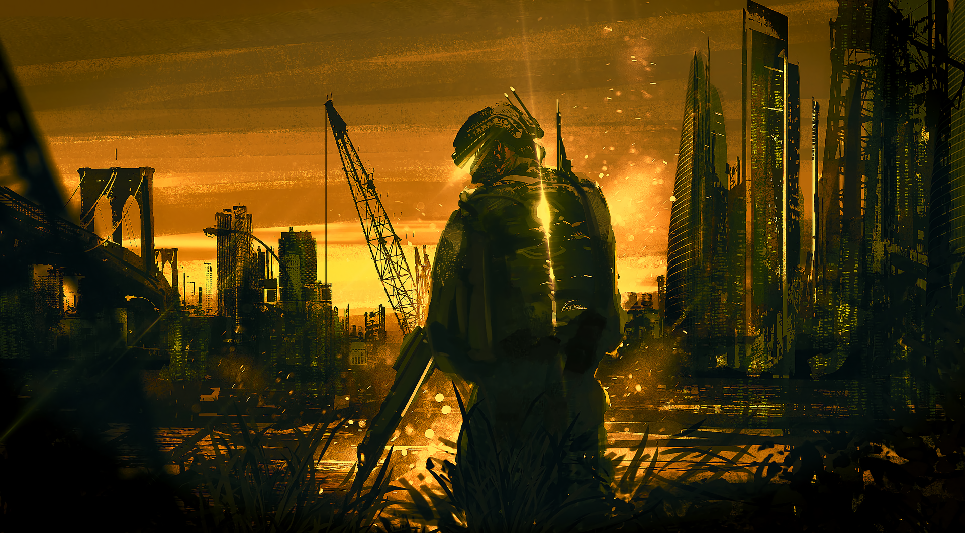 Soldier in a destroyed city with a crane and bridge HD Wallpaper