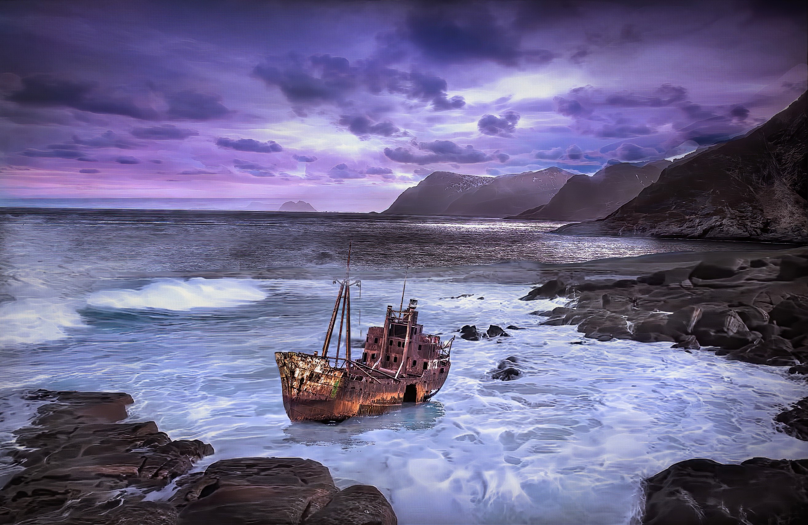 Rusty shipwreck on a rocky coast under a purple sky HD Wallpaper