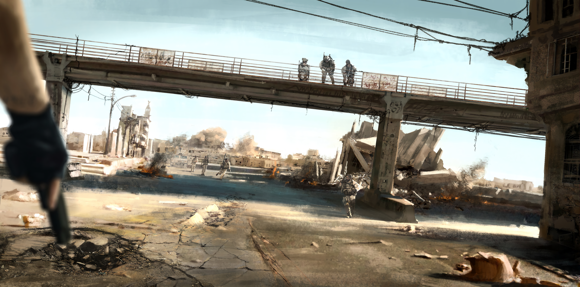 Military soldiers in a war-torn city with a bridge HD Wallpaper