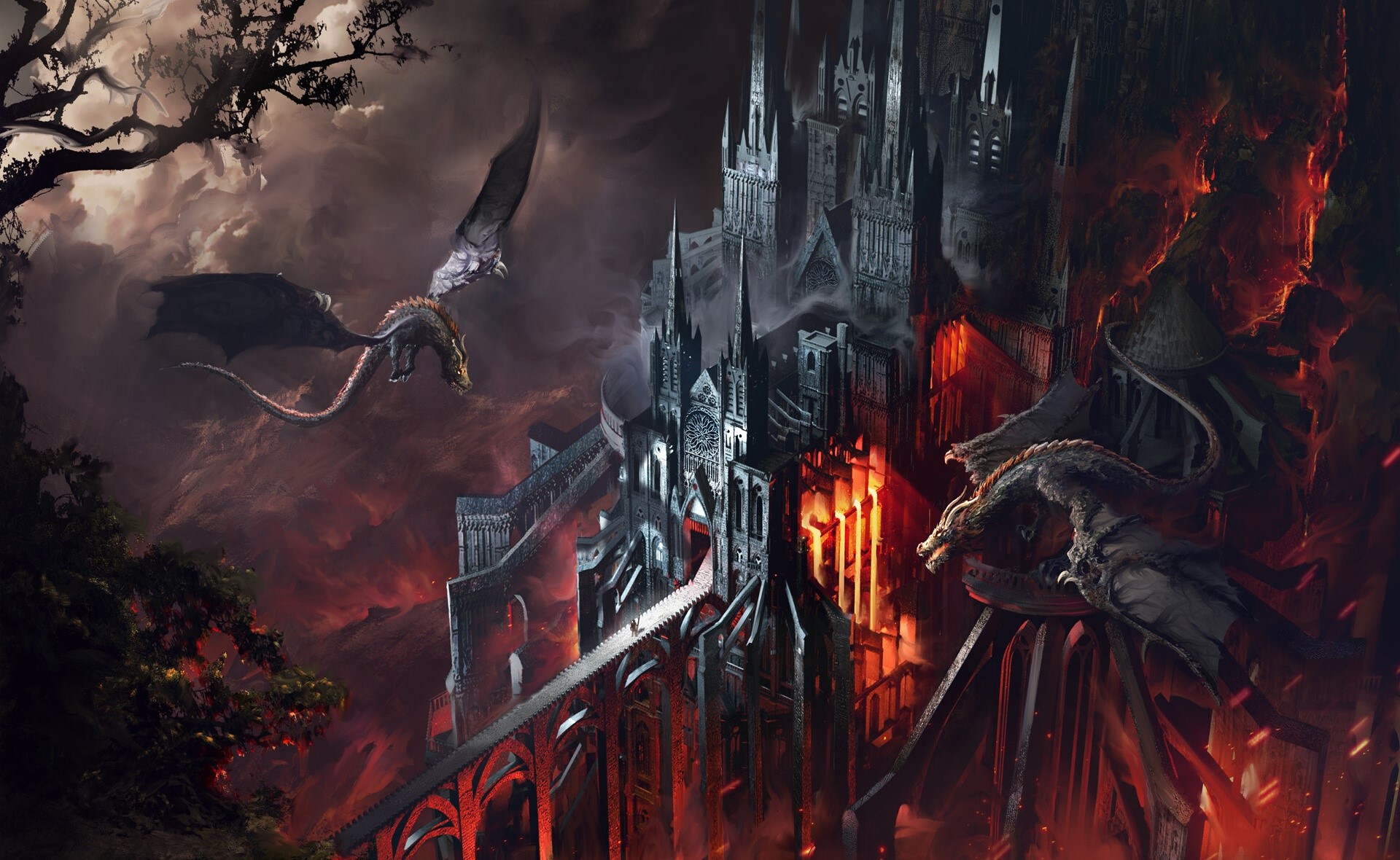 Dragons attacking a dark fantasy castle with fire HD Wallpaper