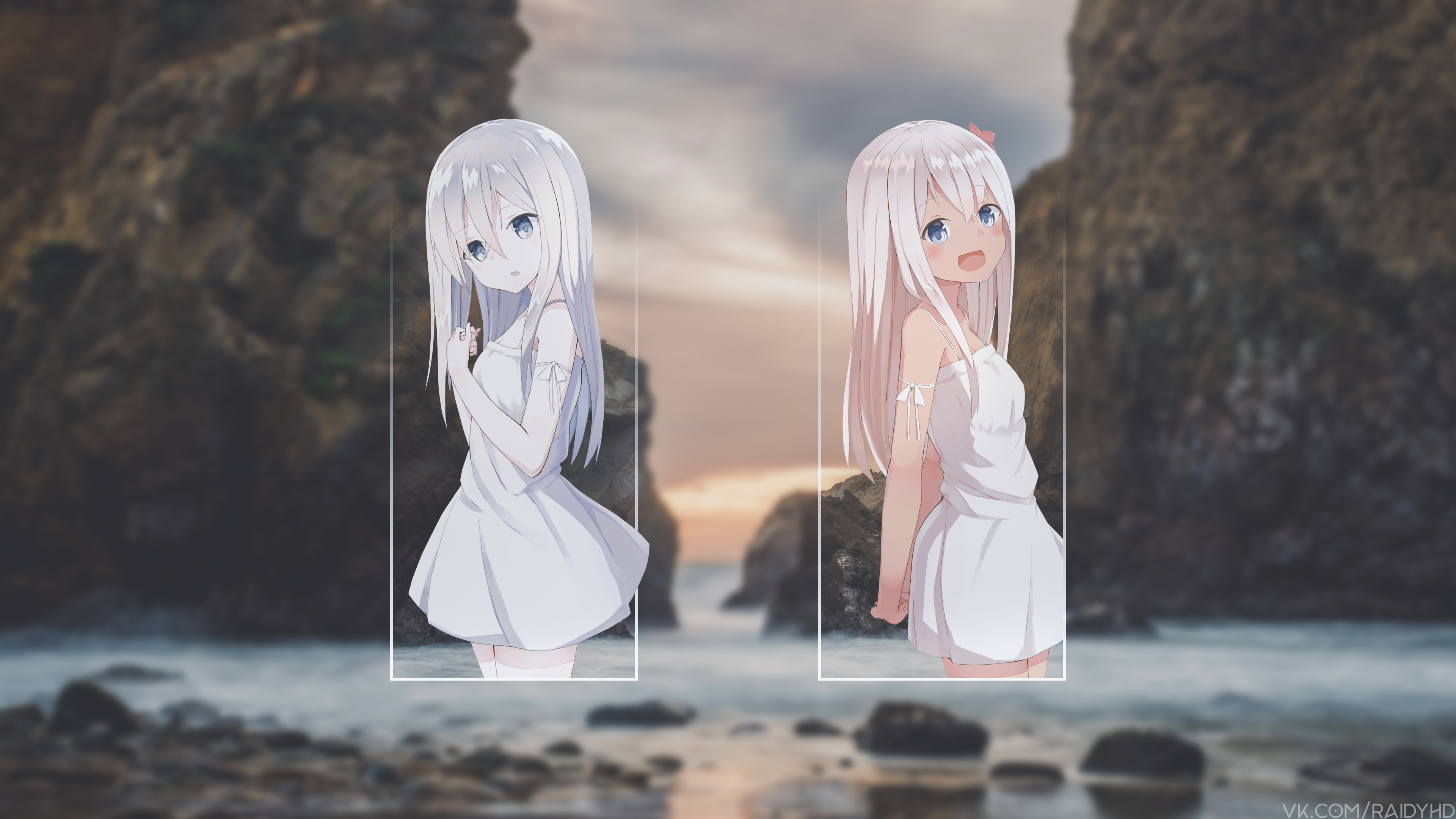 Two anime girls in white dresses on a rocky beach HD Wallpaper