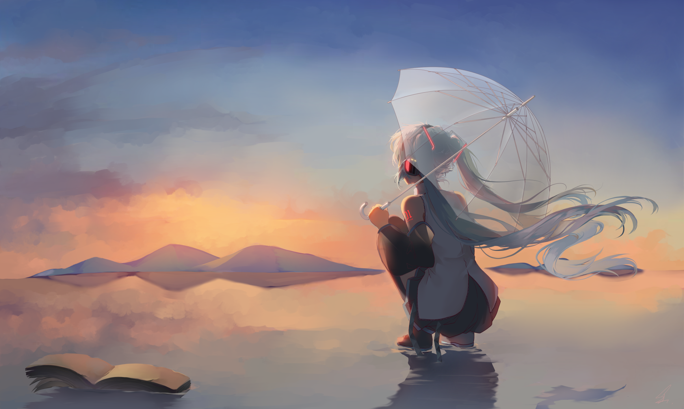 Hatsune Miku with Umbrella and Book at Sunset HD Wallpaper