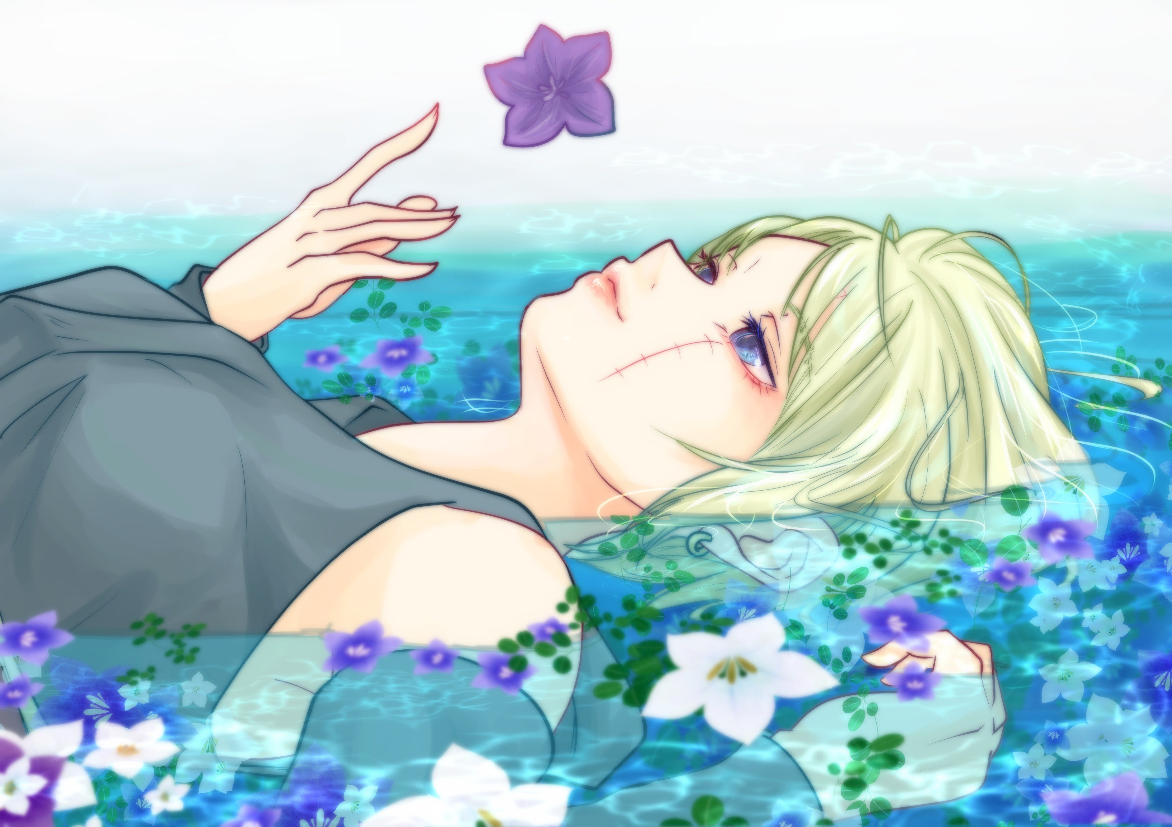 Tsukuyo from Gintama in water with flowers HD Wallpaper