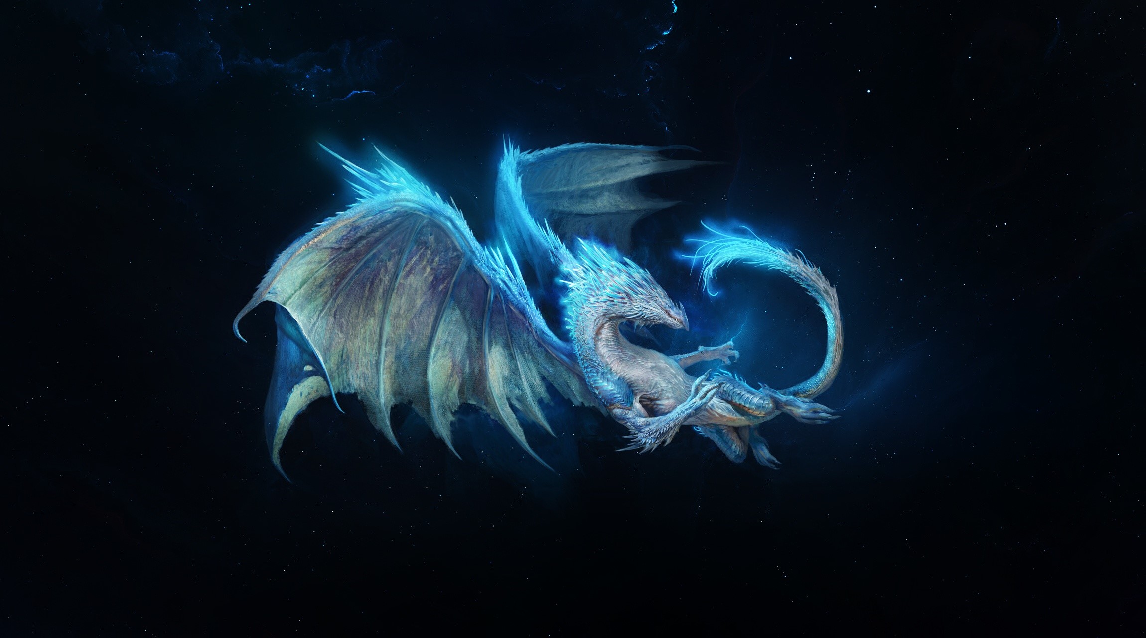 Cyan dragon with glowing blue accents in space HD Wallpaper