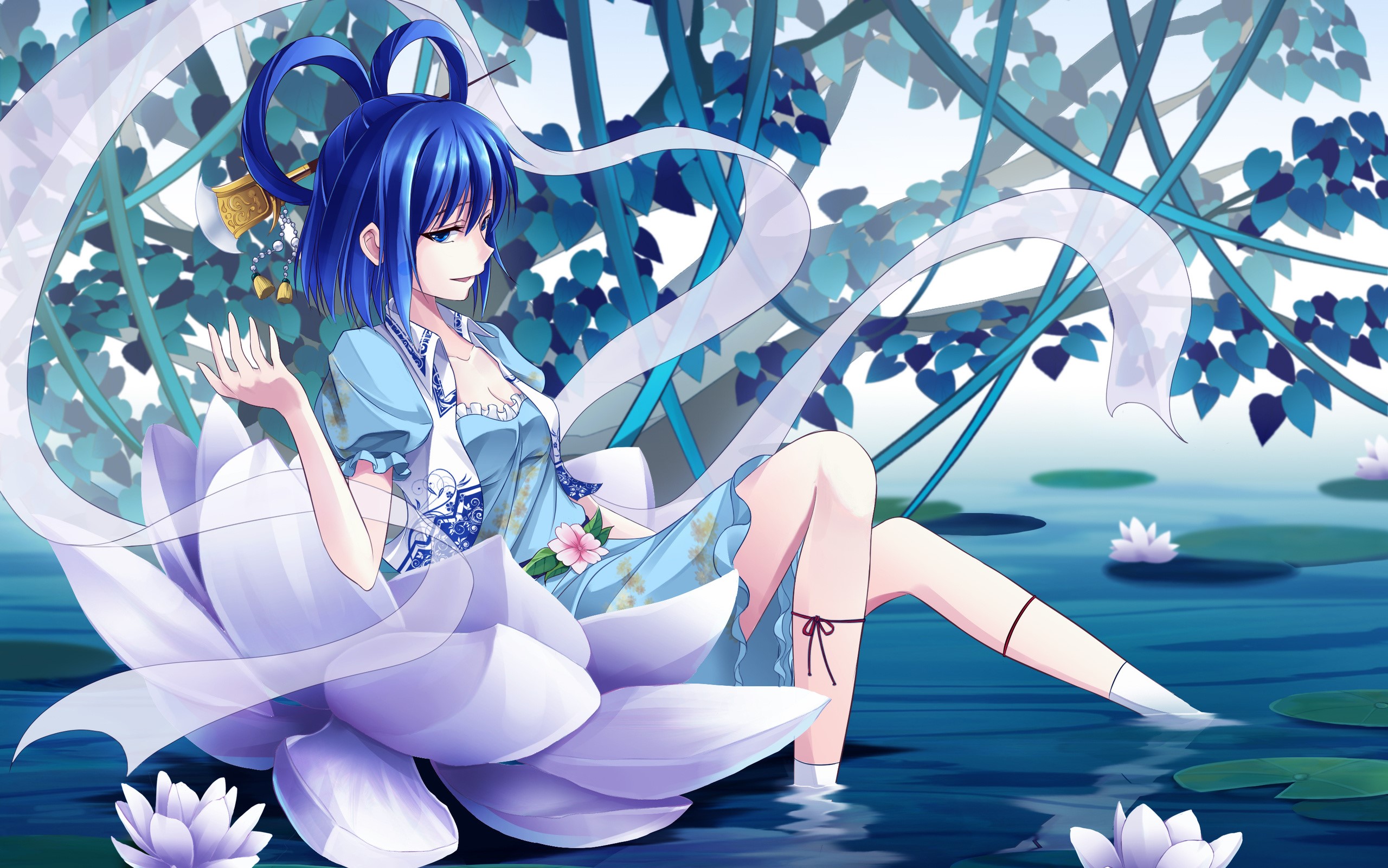 Anime girl with blue hair sitting in a lotus flower HD Wallpaper