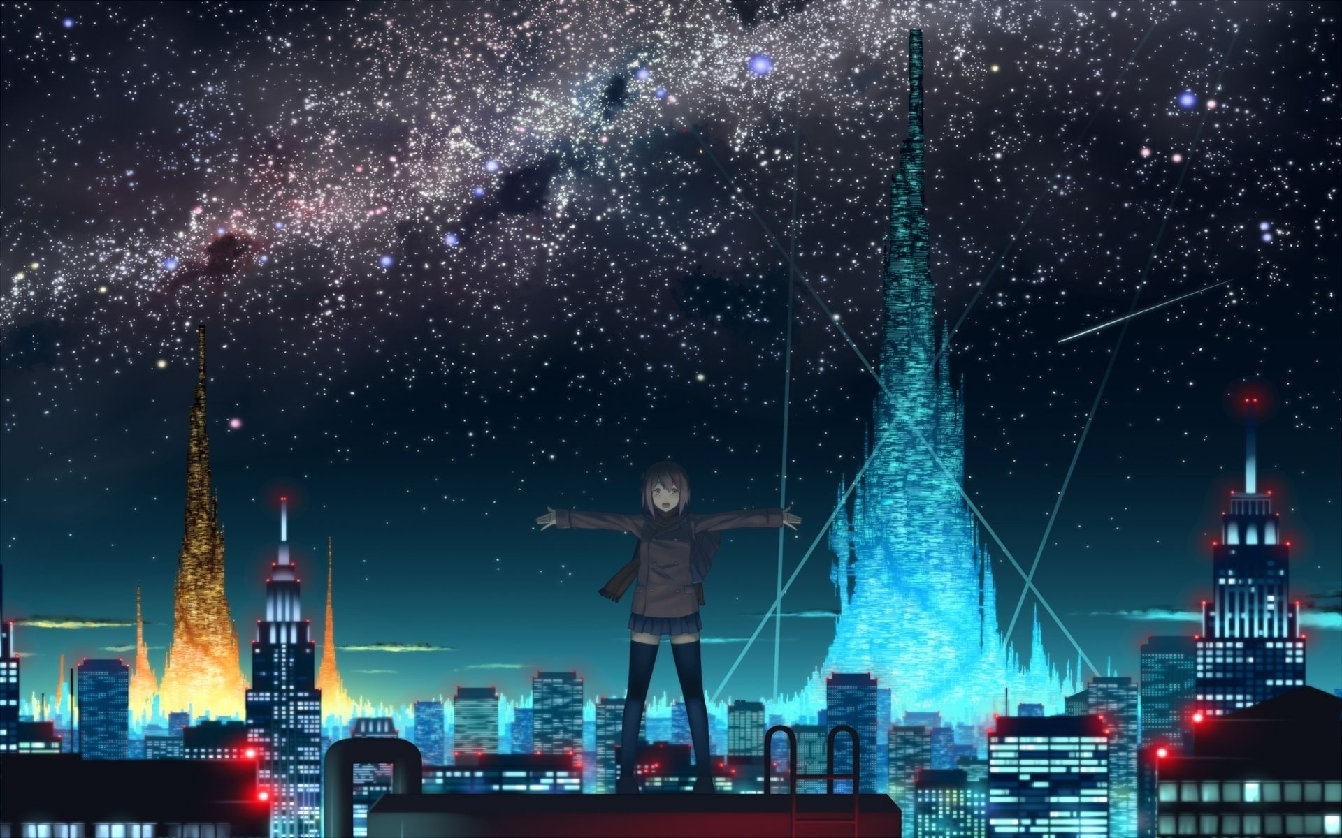 Anime girl on a rooftop overlooking a futuristic city at night HD Wallpaper