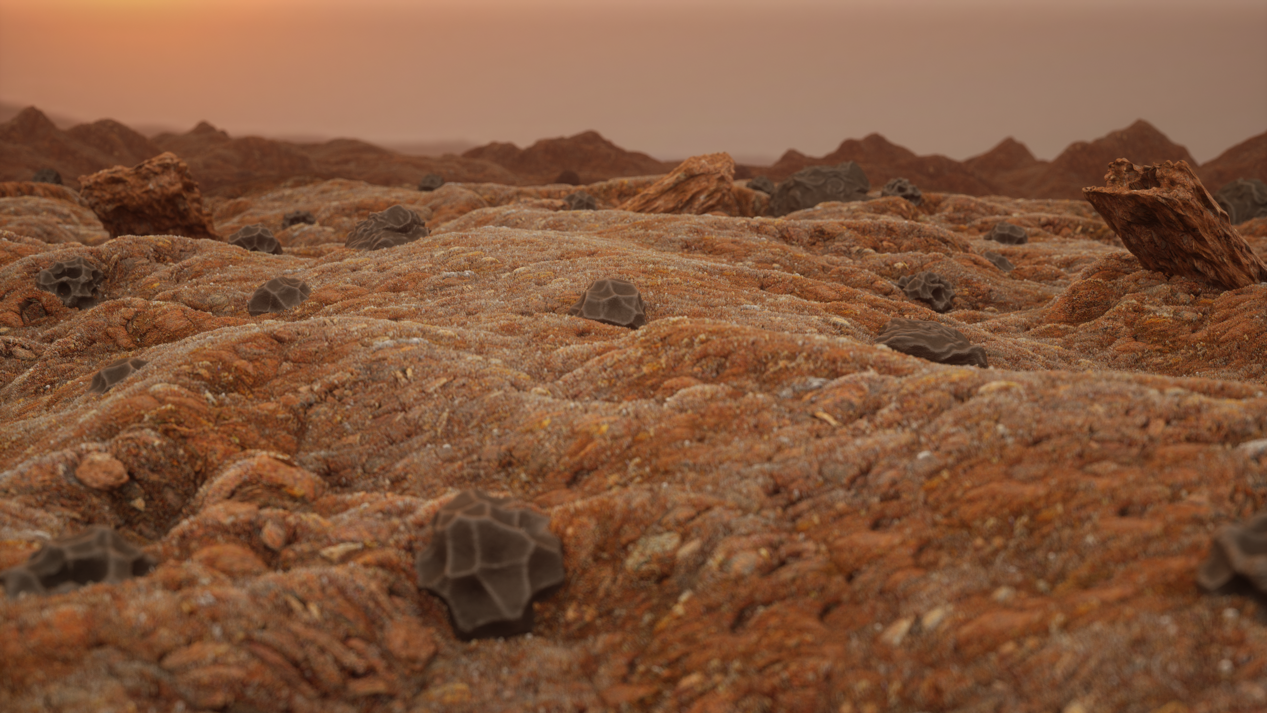 Alien planet landscape with rocks and debris HD Wallpaper