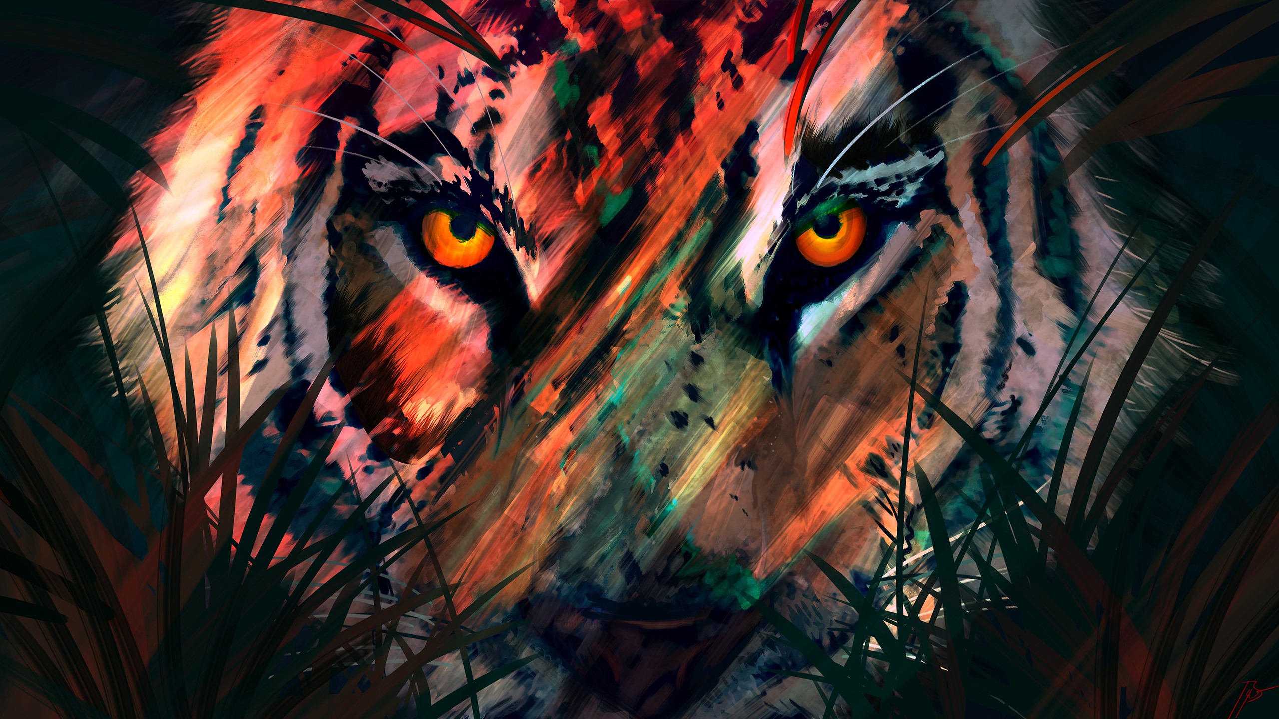 Tiger peeking through foliage HD Wallpaper