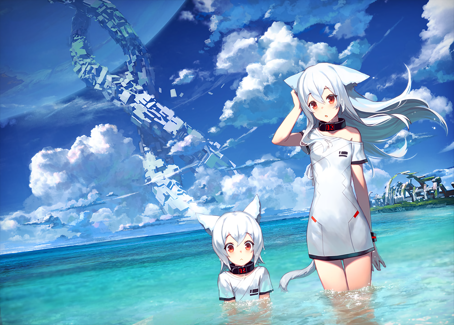 Two anime girls with cat ears in the ocean HD Wallpaper