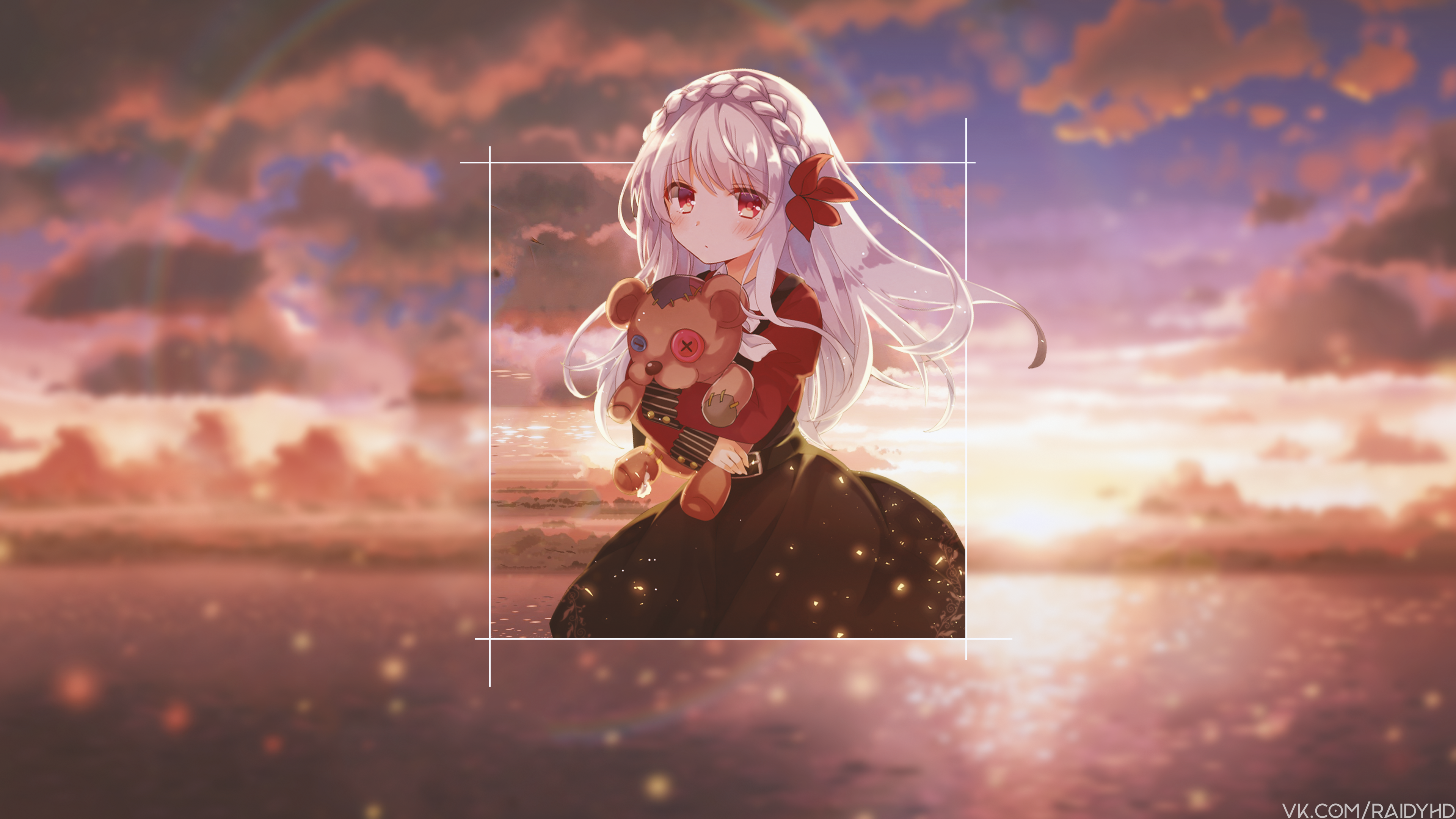 Anime girl with teddy bear at sunset HD Wallpaper