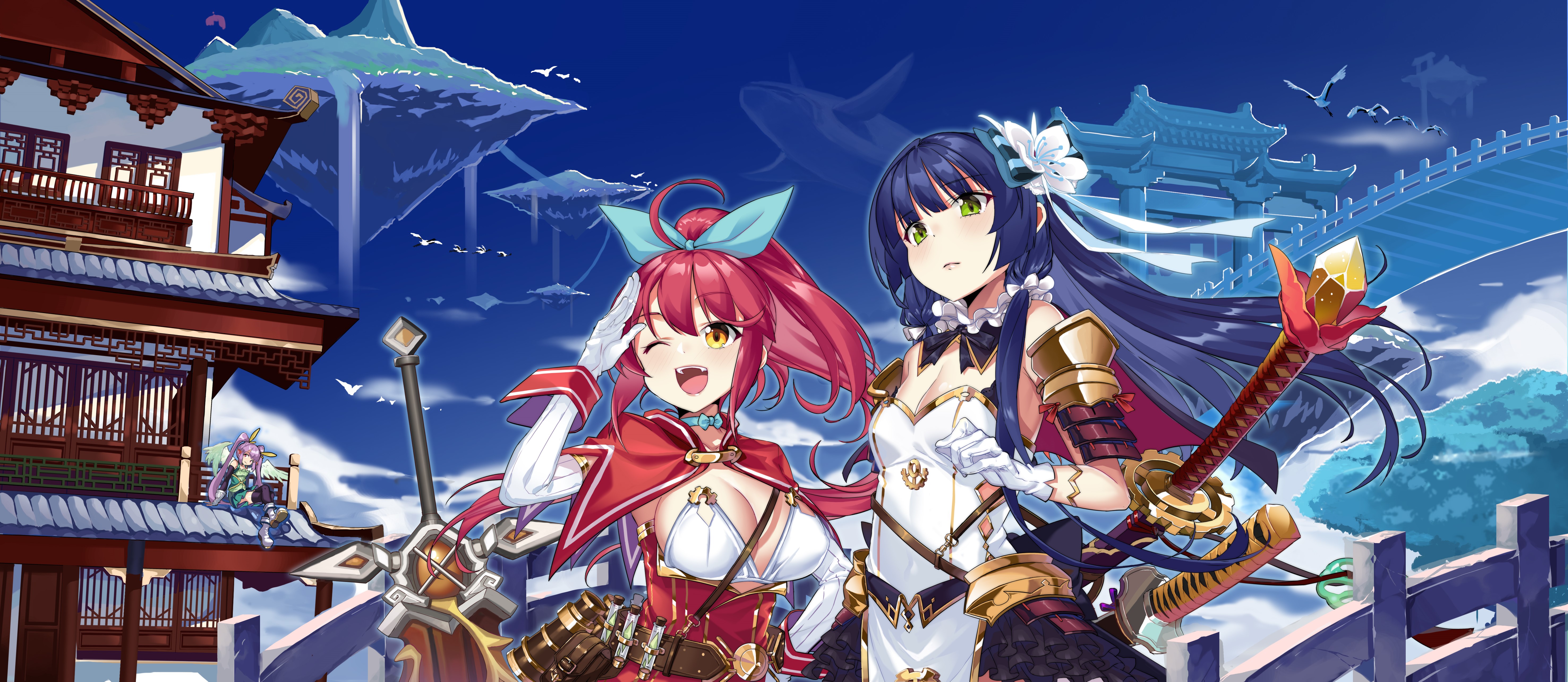 Anime girls with swords in a fantasy city HD Wallpaper