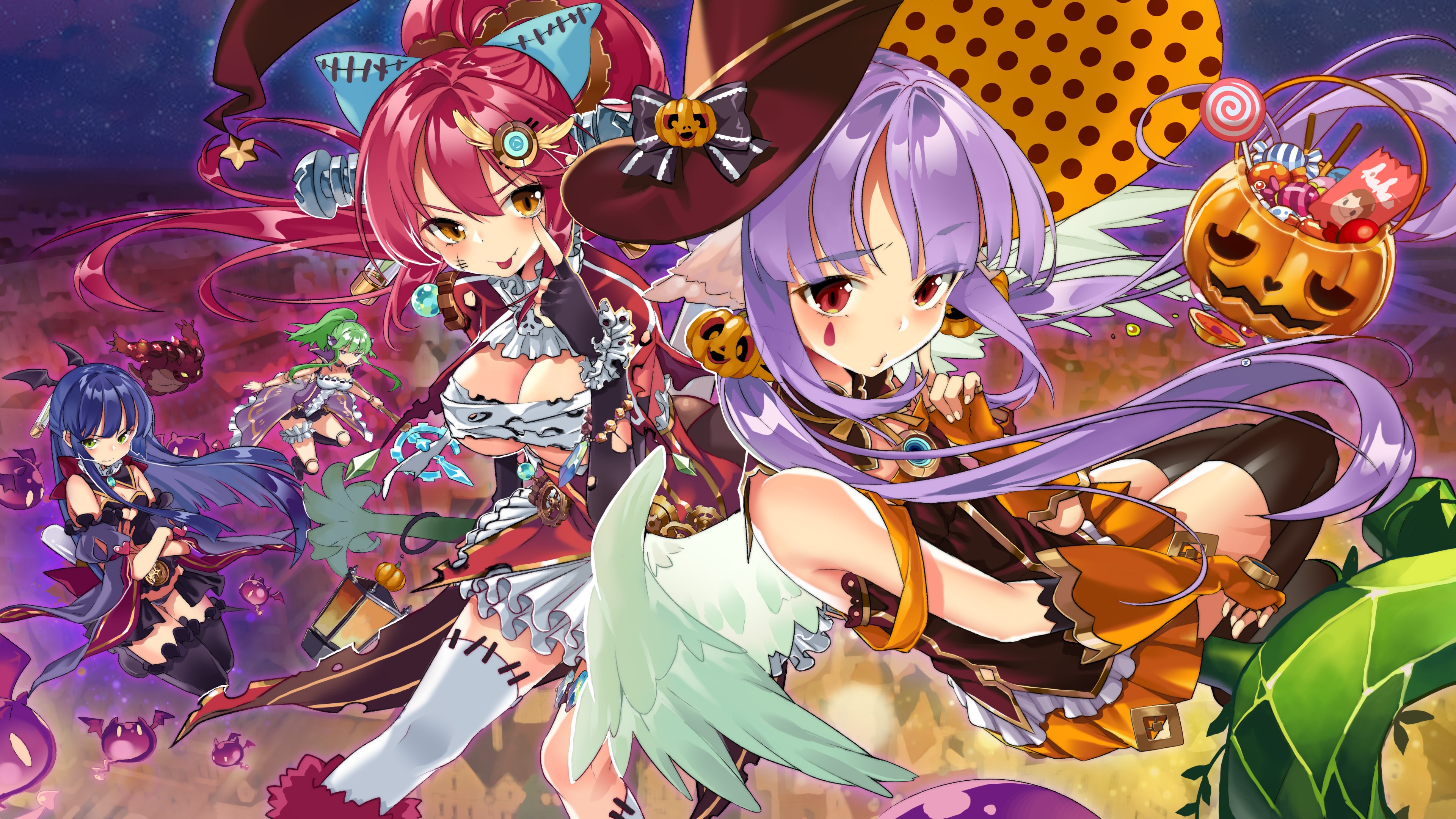 Anime girls in Halloween costumes with candy and pumpkins HD Wallpaper