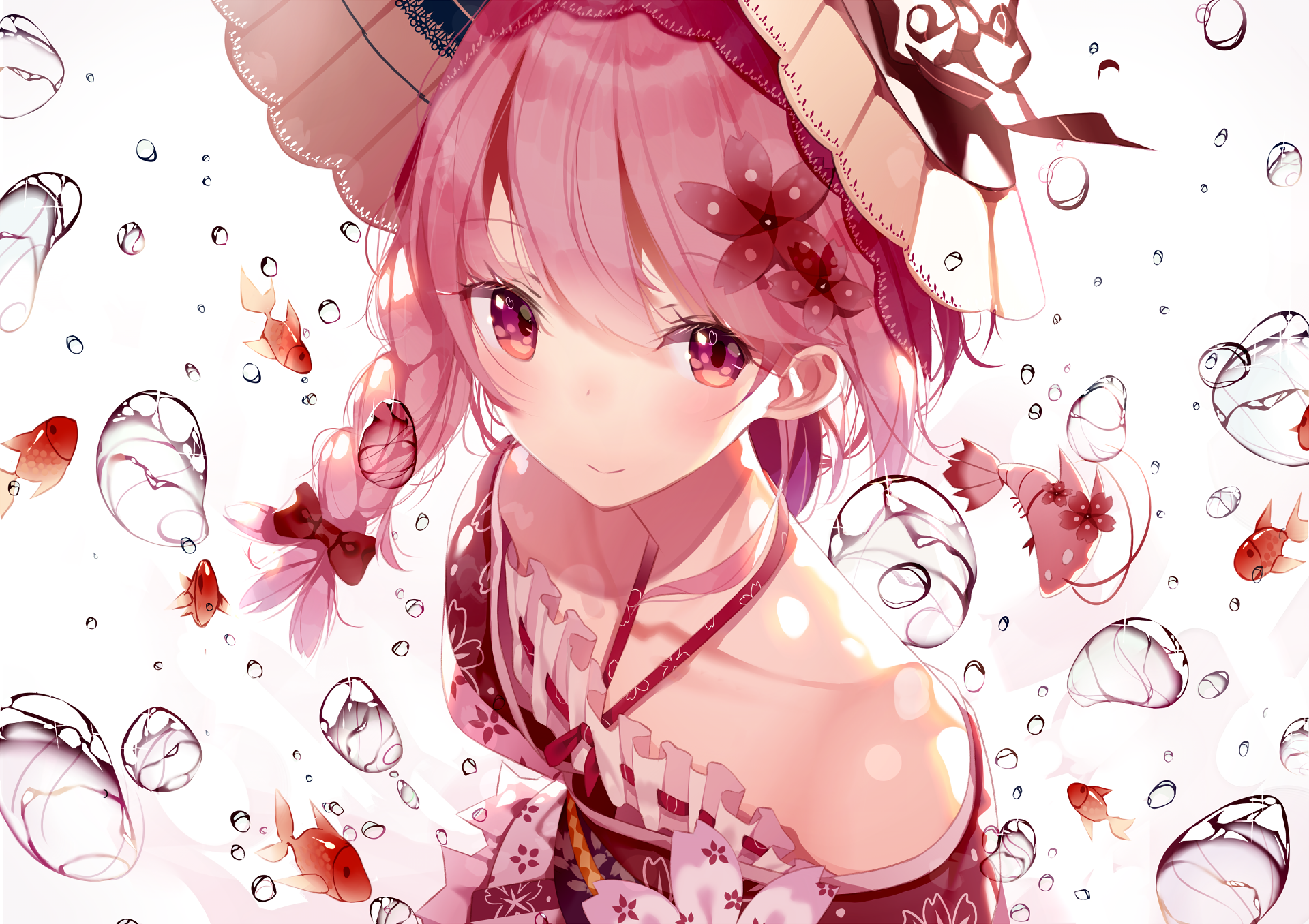 Anime girl with pink hair and goldfish HD Wallpaper
