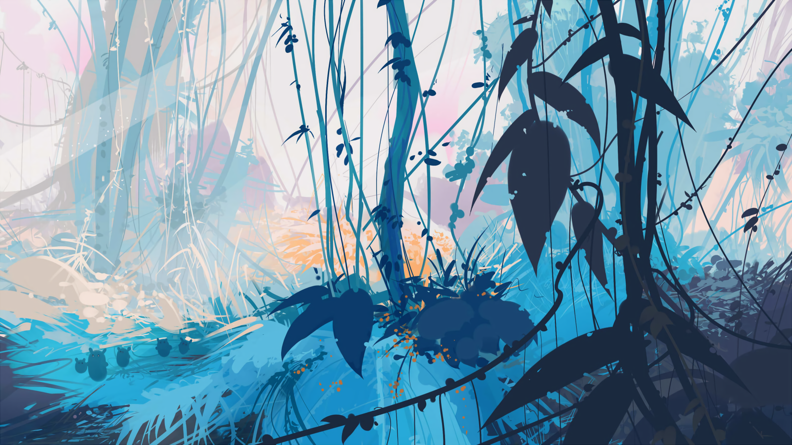 Digital art of a cyan jungle with trees and leaves HD Wallpaper