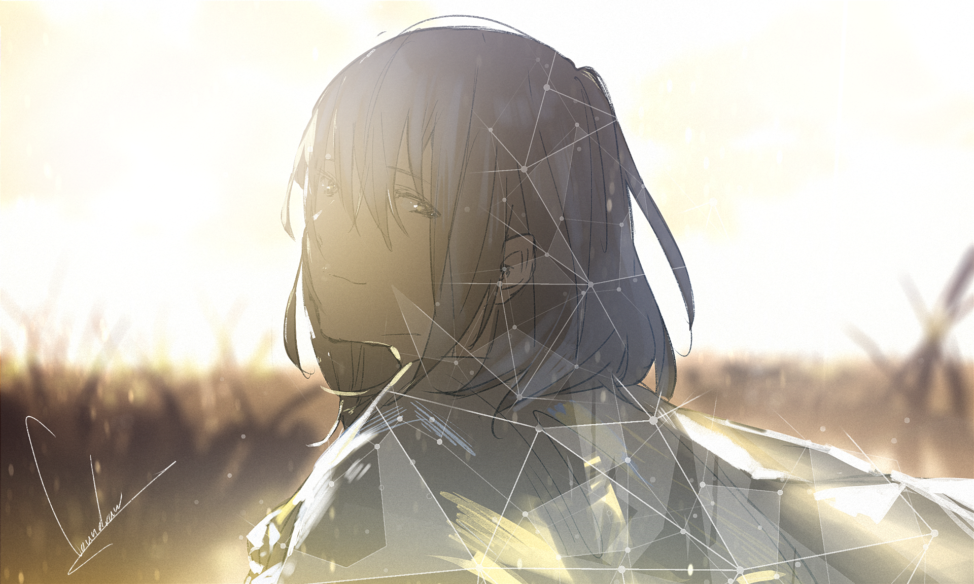 Anime girl with geometric overlay in a field HD Wallpaper