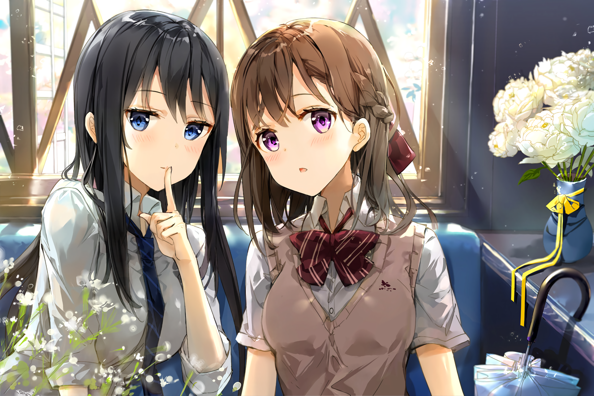 Two anime girls in school uniforms by a window HD Wallpaper