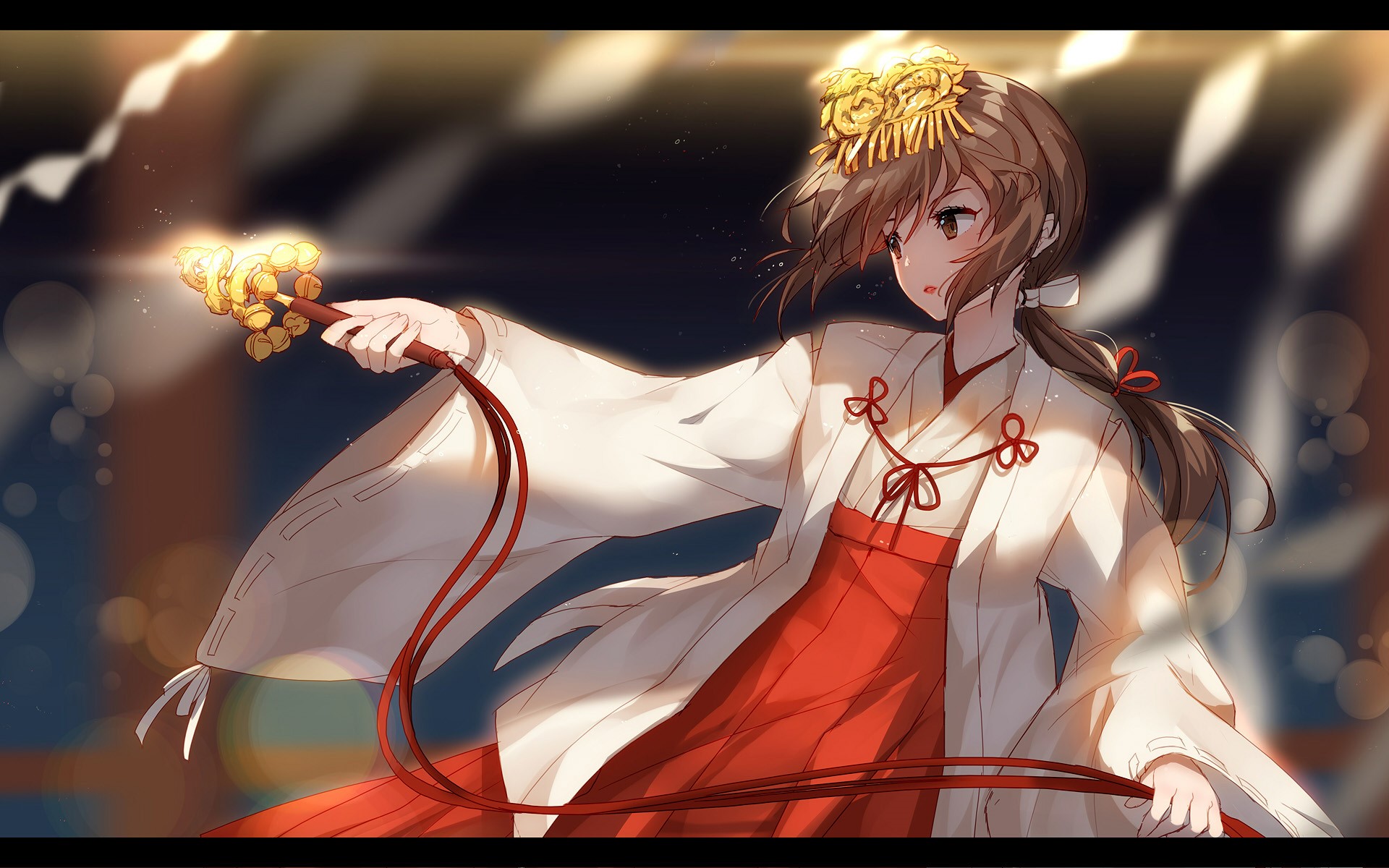 Anime girl in shrine maiden outfit holding a ritual wand HD Wallpaper