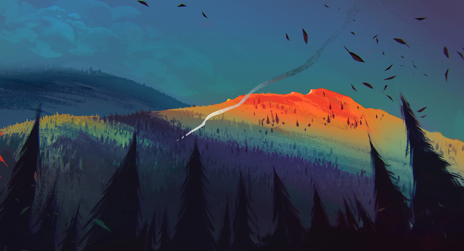 Digital art of a mountain range with smoke and falling leaves HD Wallpaper