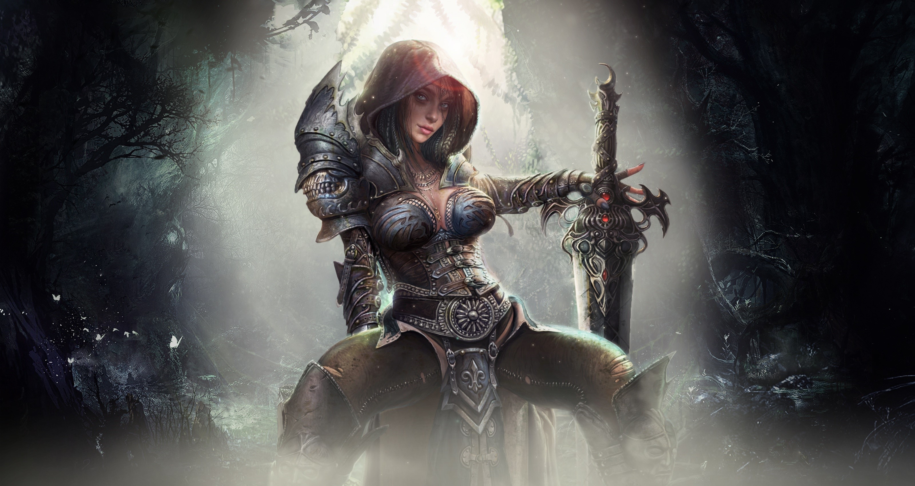 Fantasy warrior girl with sword in forest HD Wallpaper