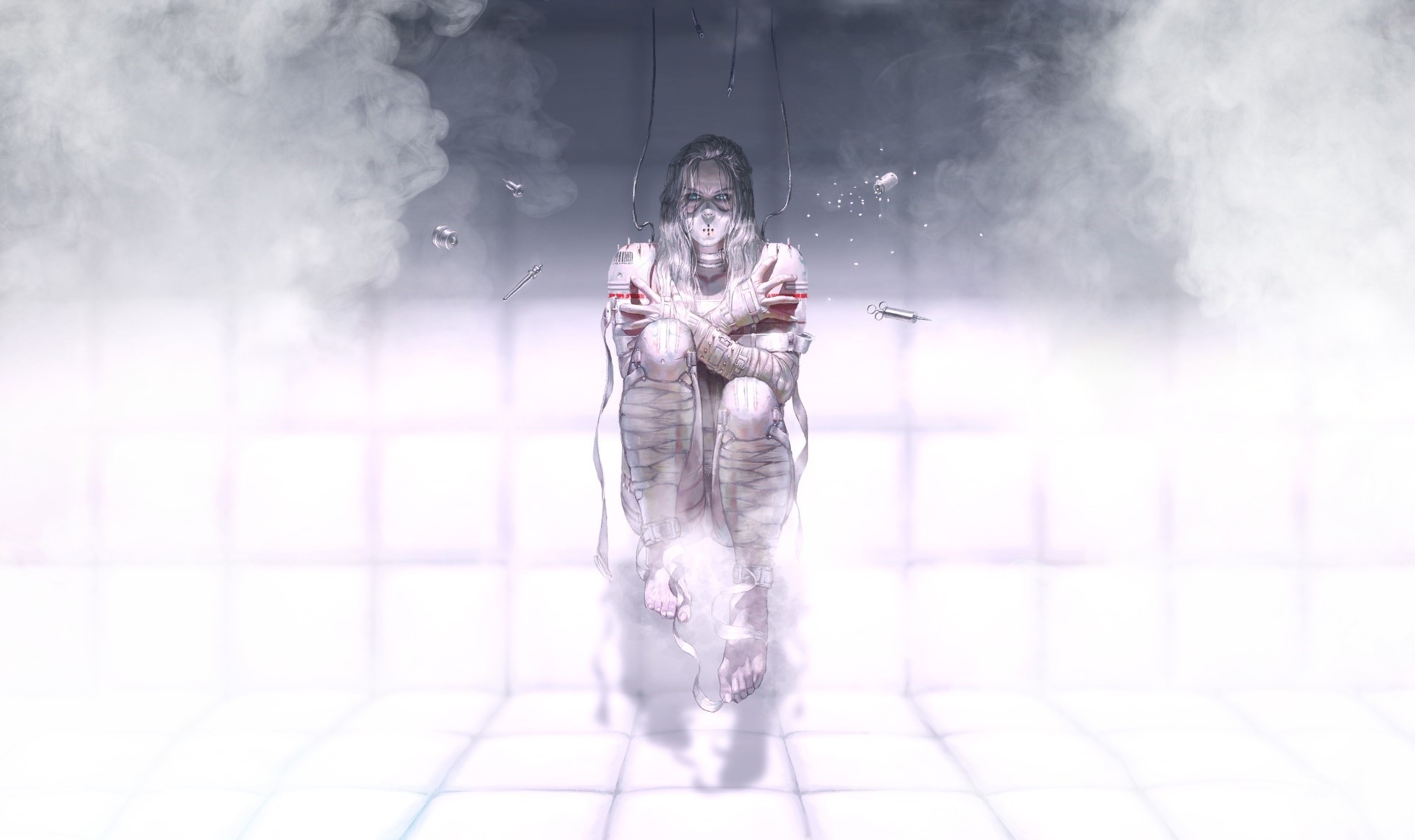 Artwork of a bandaged woman suspended in a sterile environment HD Wallpaper