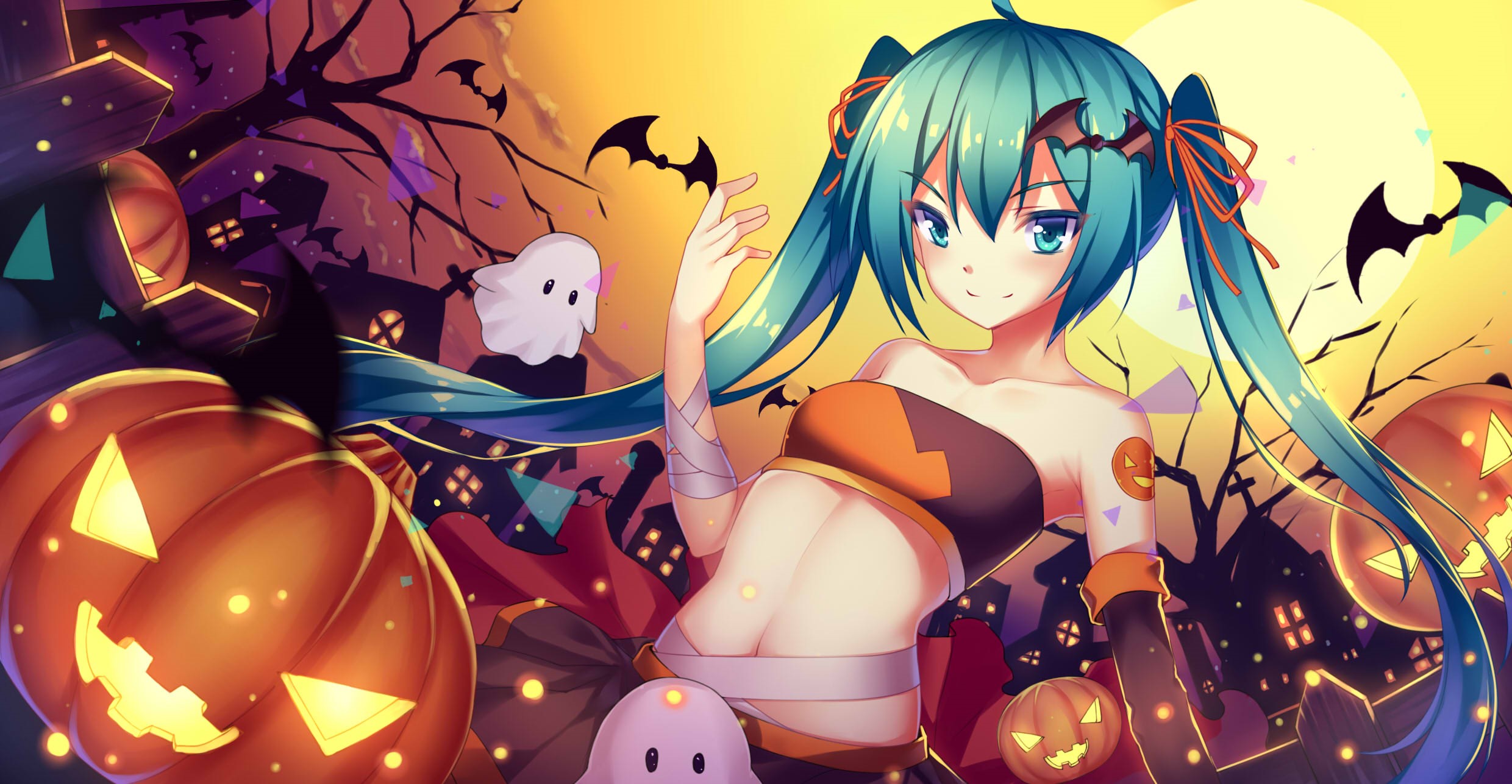 Hatsune Miku in Halloween costume with pumpkins and ghosts HD Wallpaper