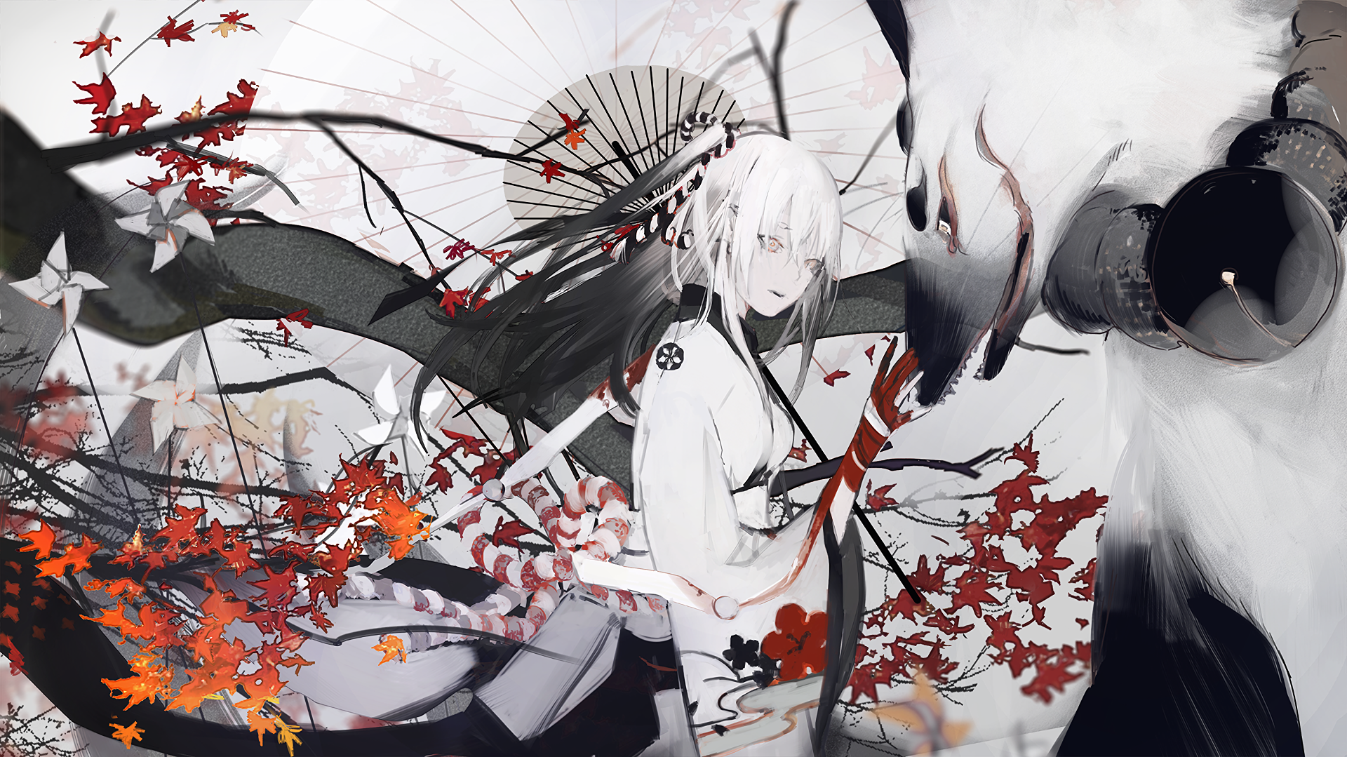 Anime girl with white hair and red leaves HD Wallpaper